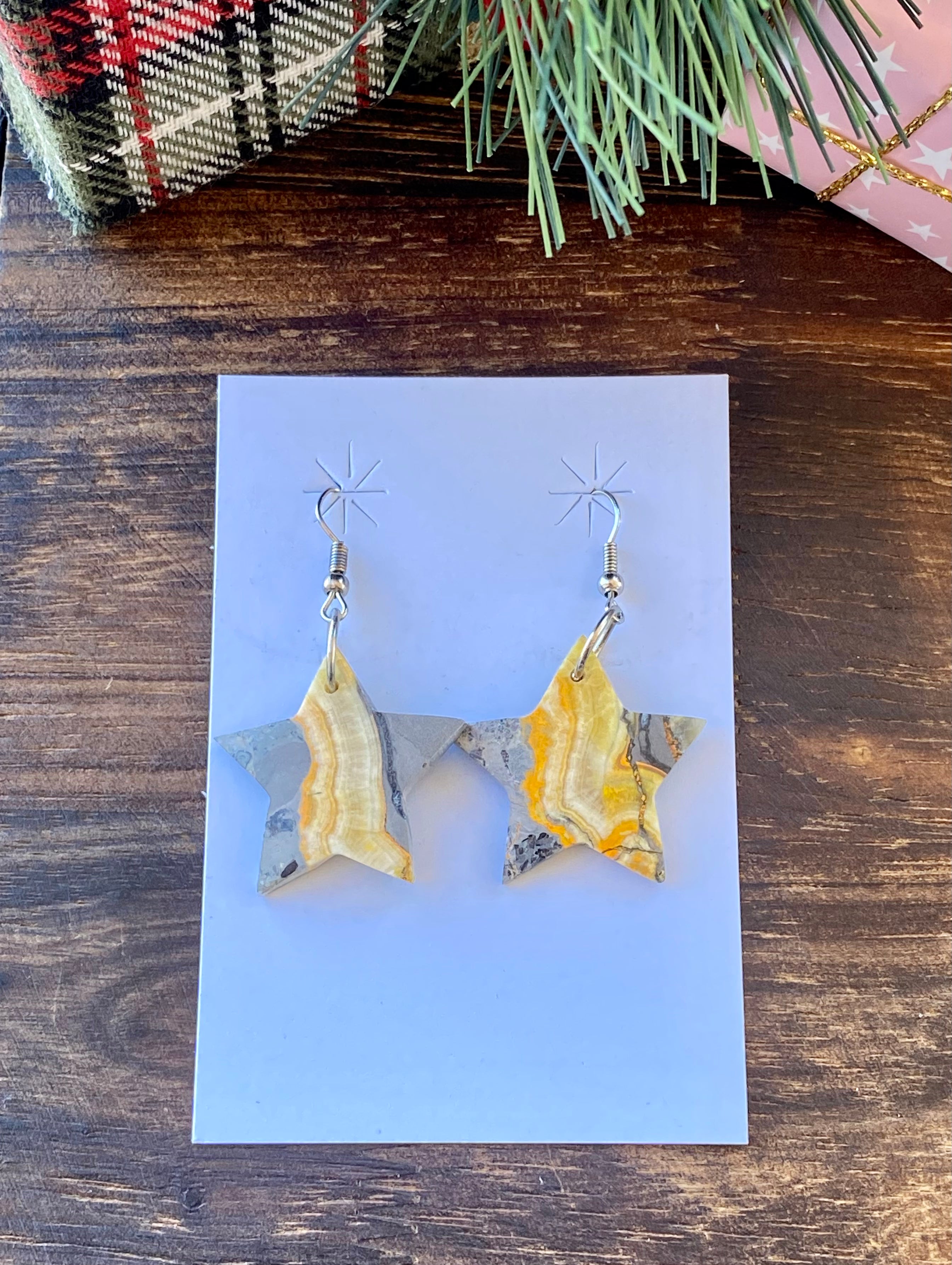 Southwest Handmade Bumblebee Jasper & Sterling Silver Star Dangle Earrings