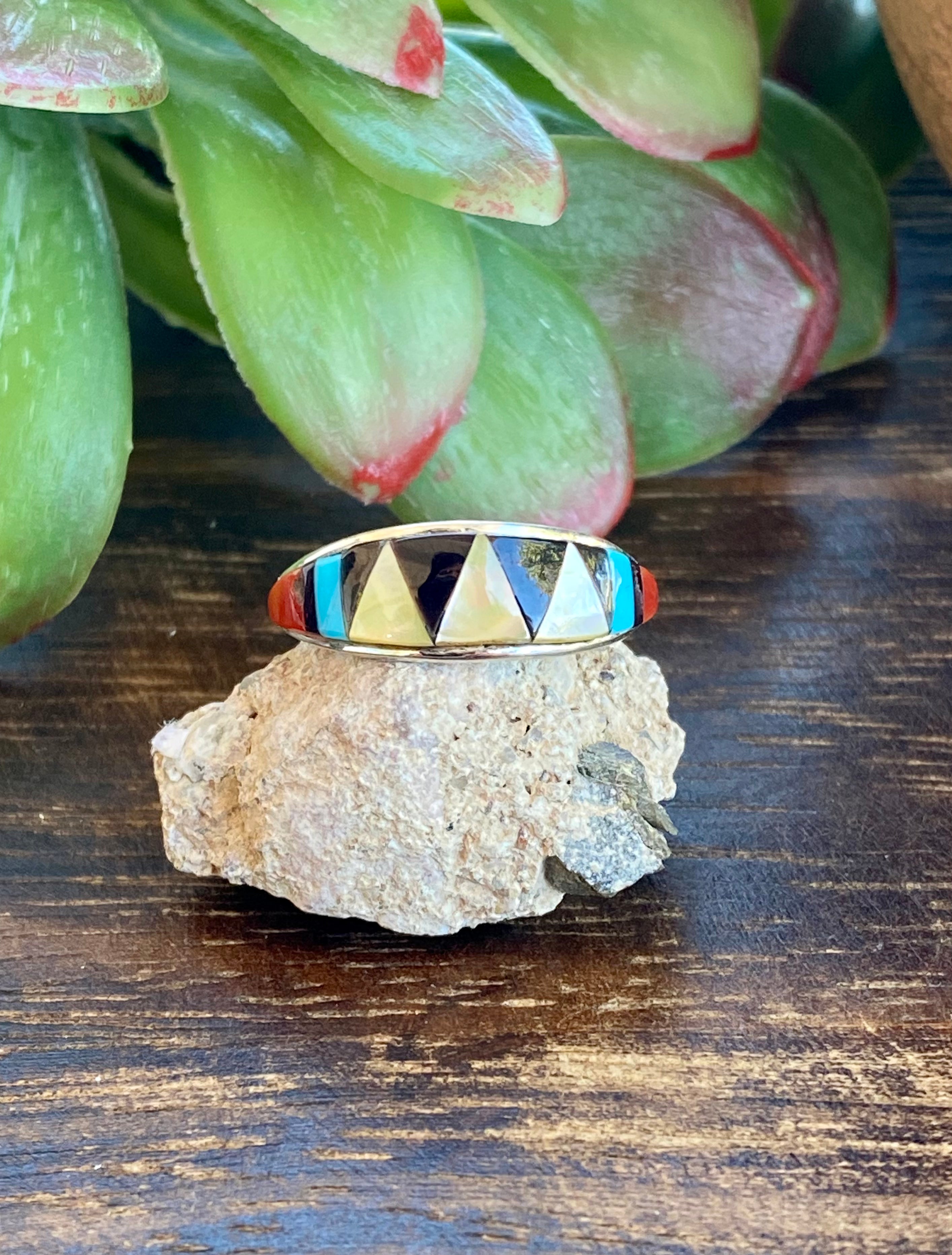 Zuni Made Multi Stone & Sterling Silver Inlay Ring