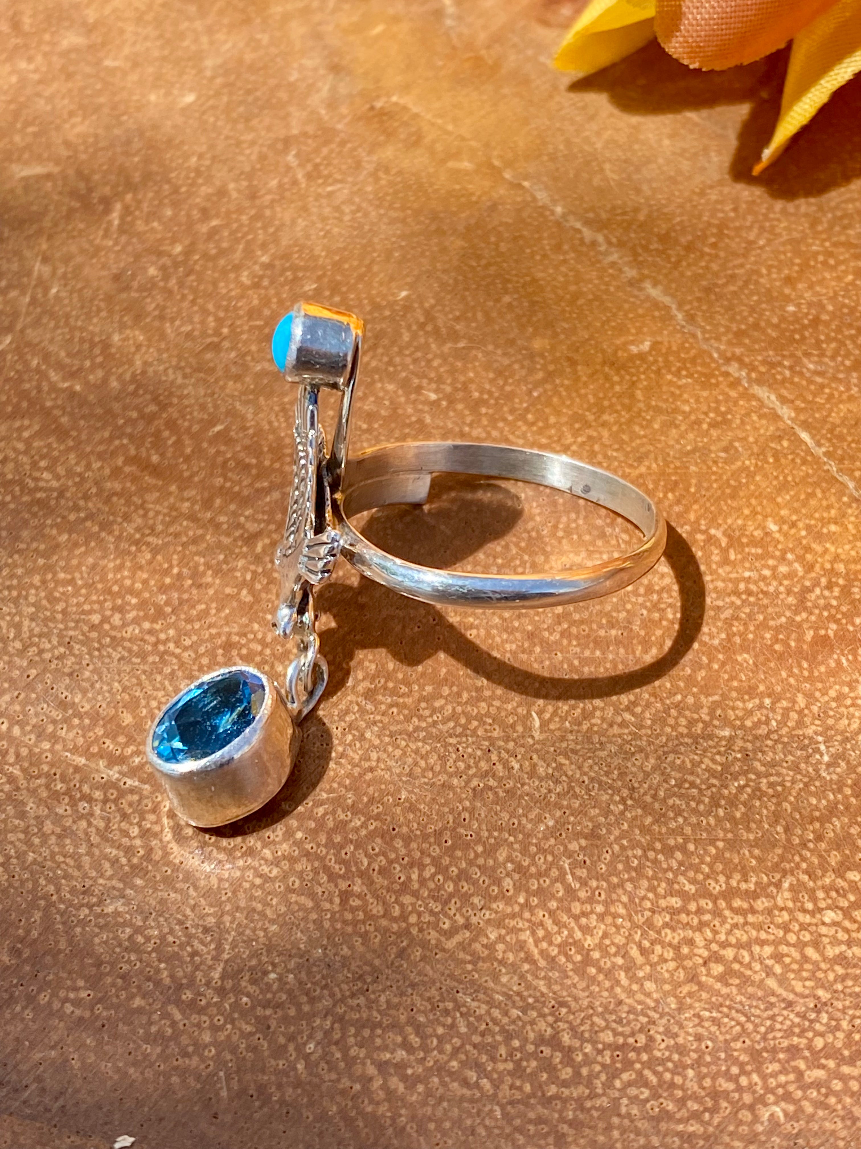 Loretta Delgarito Kingman Turquoise & Blue Topaz Sterling Silver Eagle Ring Size 7.5