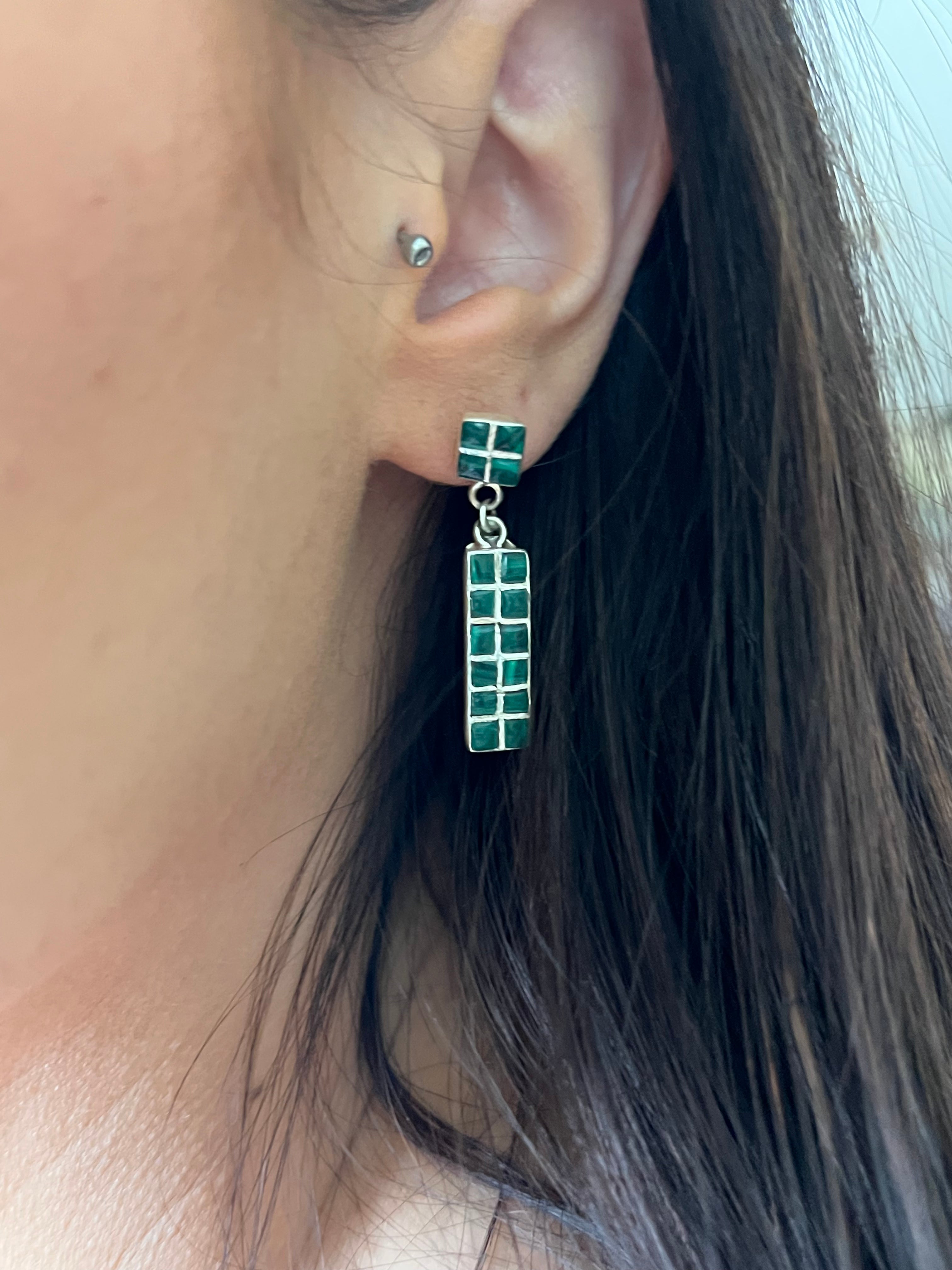 Navajo Made Malachite & Sterling Silver Post Dangle Inlay Earrings