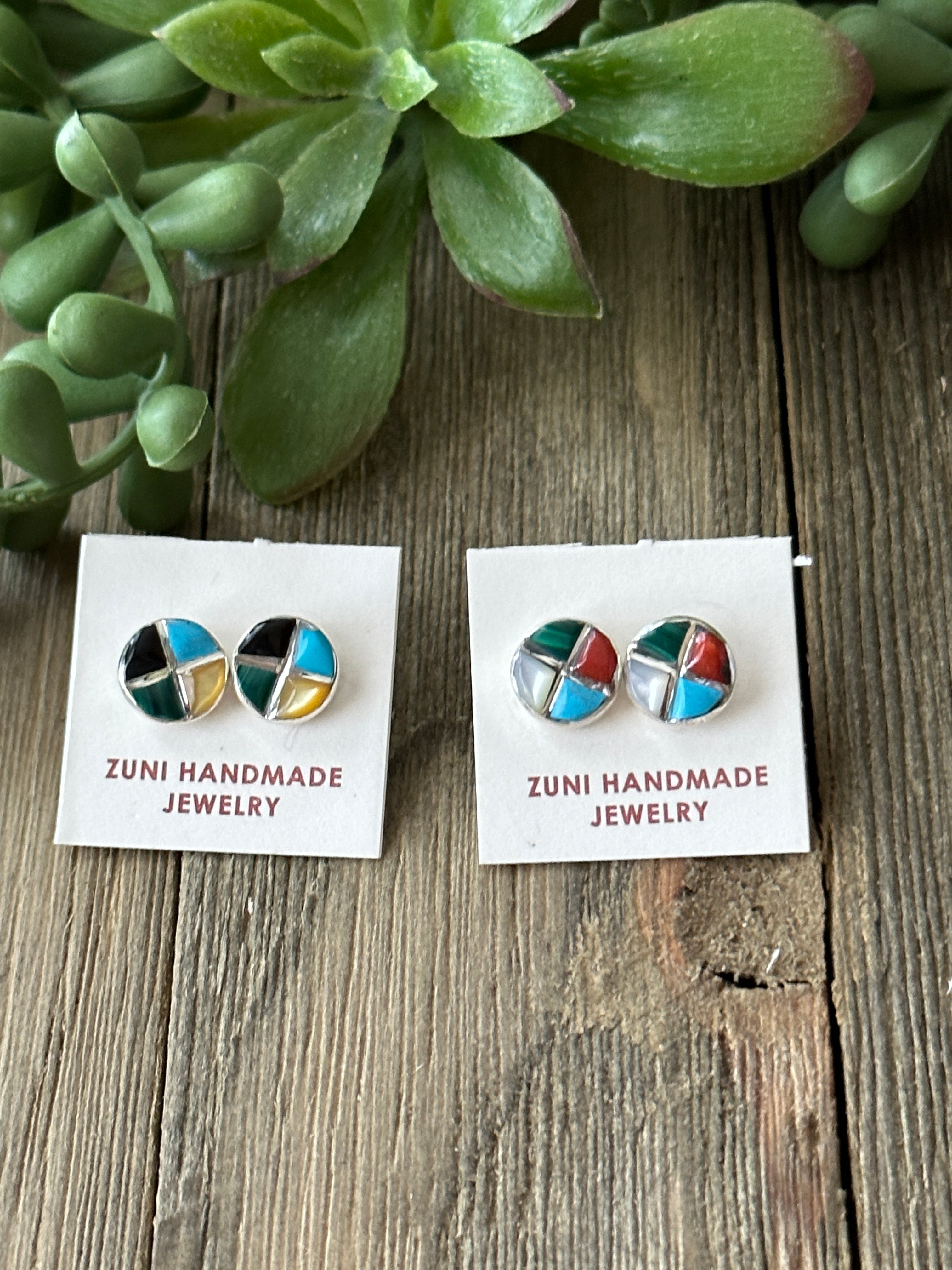 Zuni Made Multi Stone & Sterling Silver Inlay Post Earrings