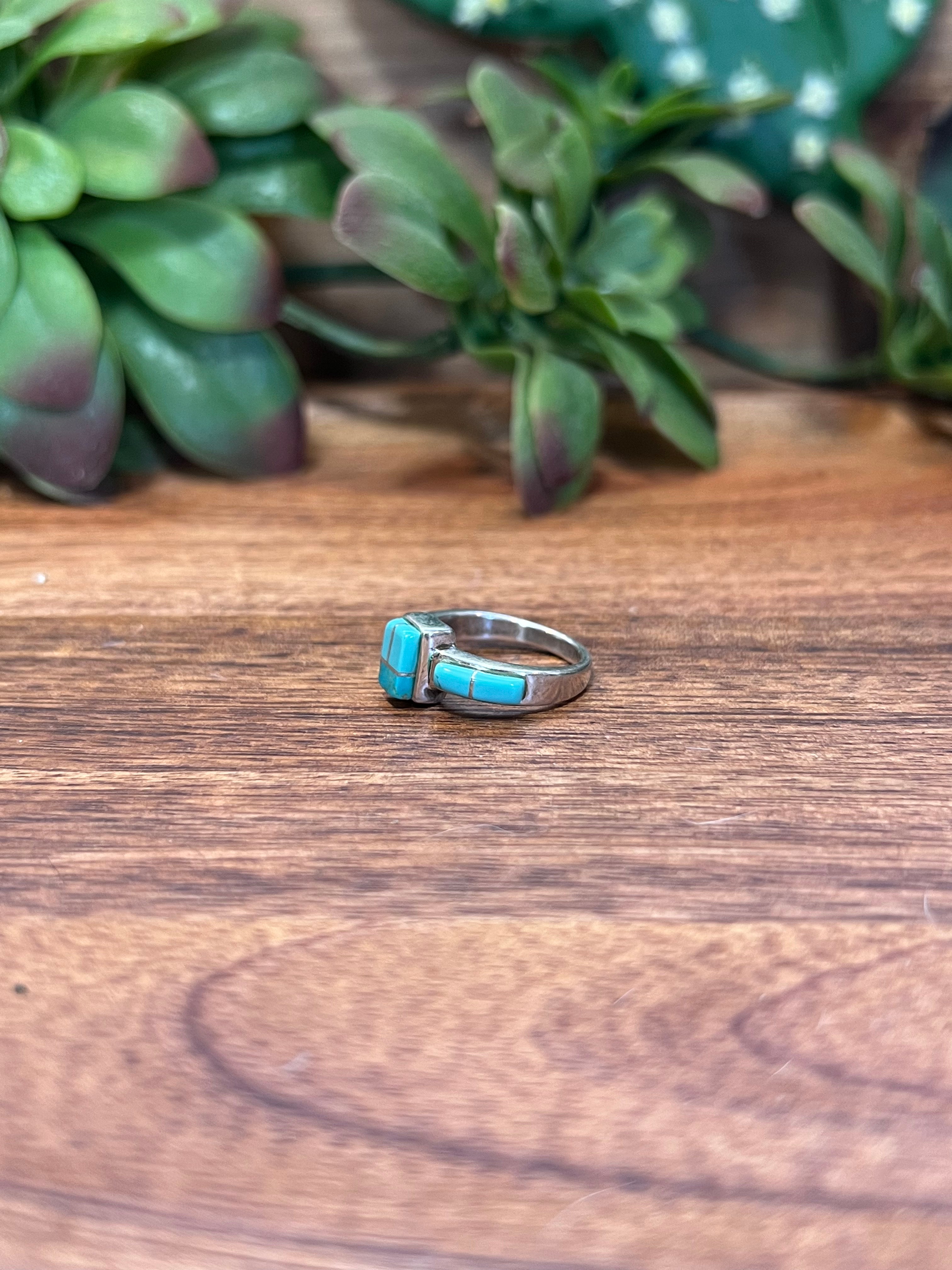Navajo Number 8 Turquoise & Sterling Silver Inlay Ring Size 6