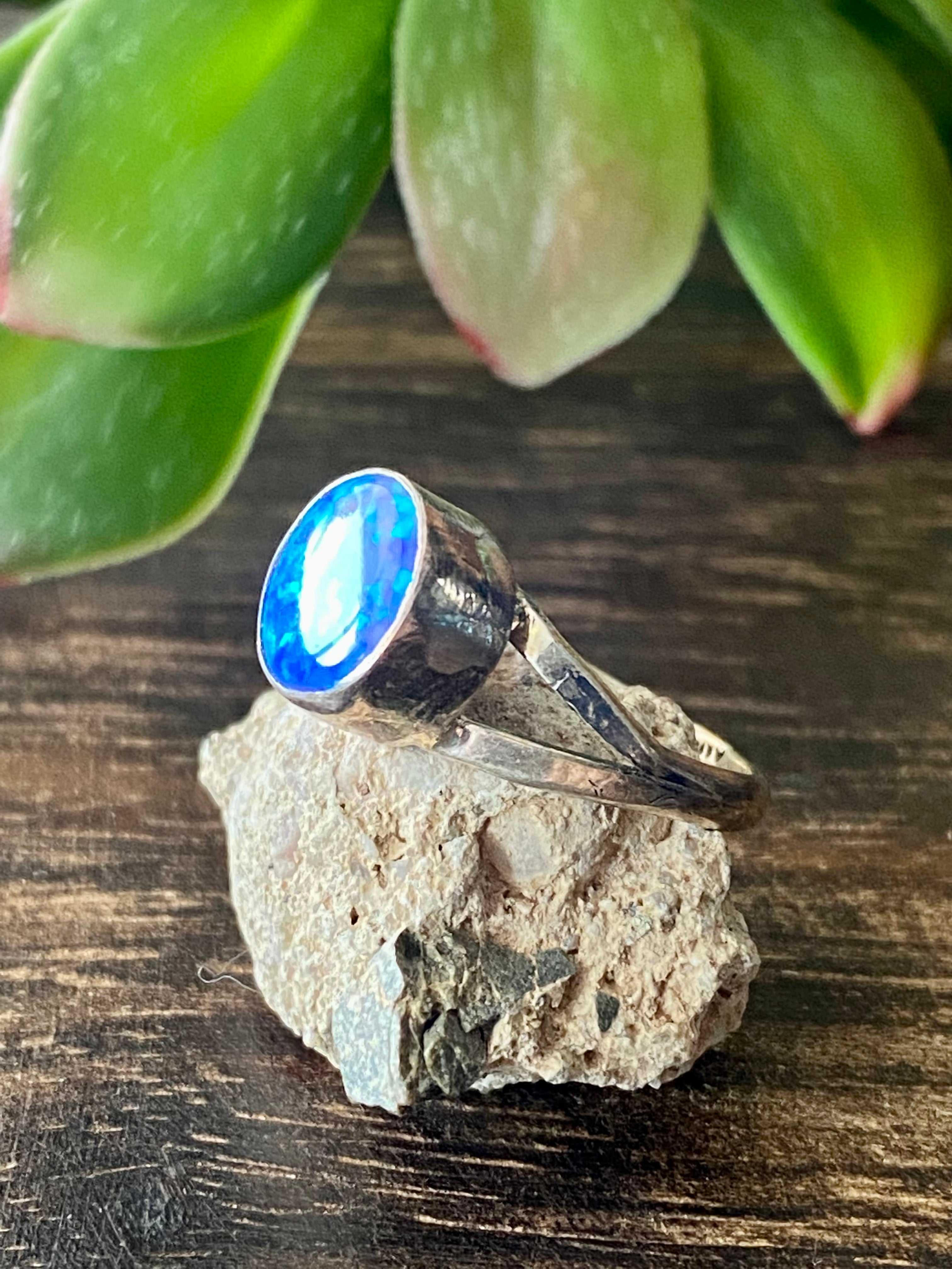 Navajo Made Blue Opal & Sterling Silver Ring Size 5.5