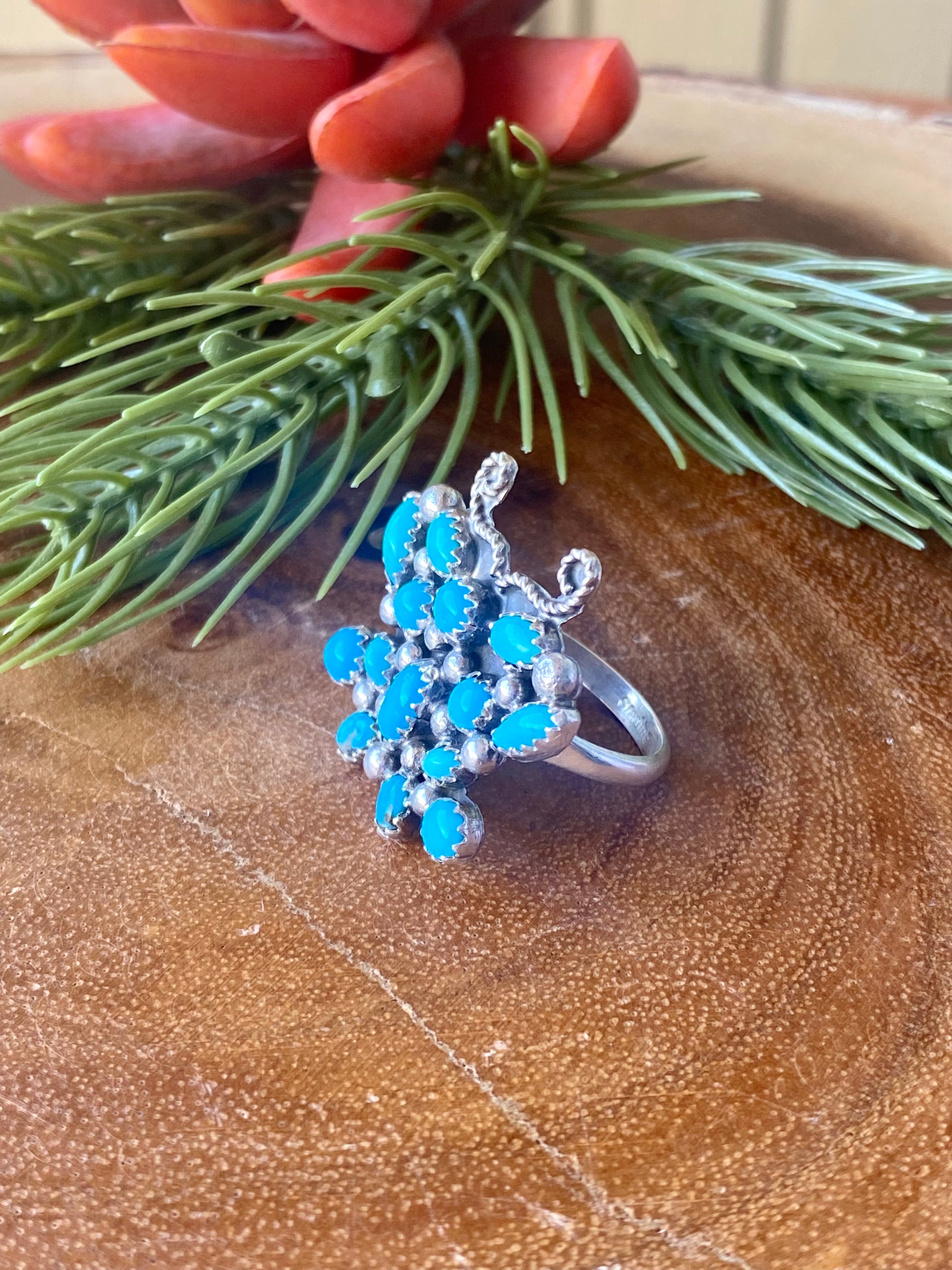 Navajo Kingman Turquoise & Sterling Silver Butterfly Cluster Ring Size 7