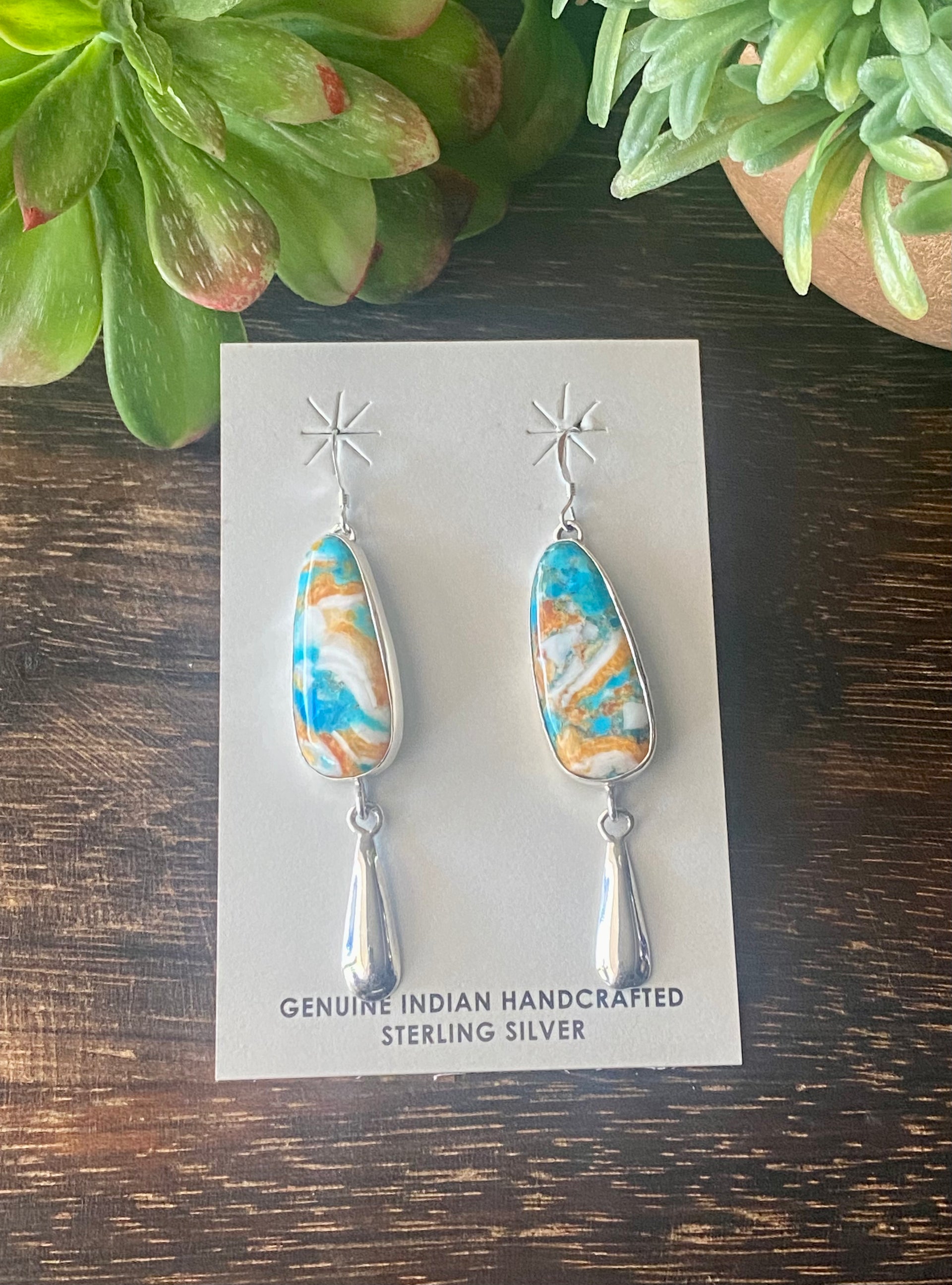 Navajo Made Mohave Turquoise & Sterling Silver Dangle Earrings