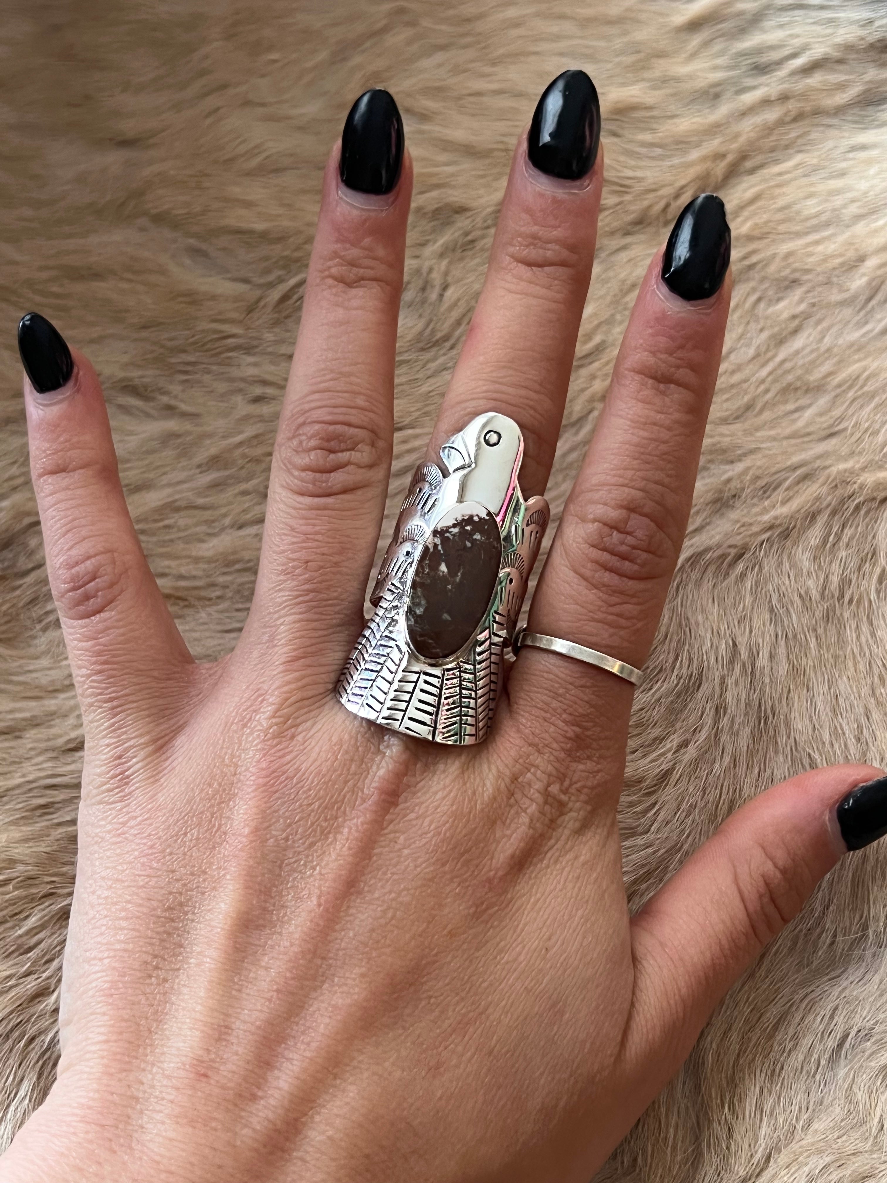Navajo Made Wild Horse & Sterling Silver Thunderbird Ring Size 8.25