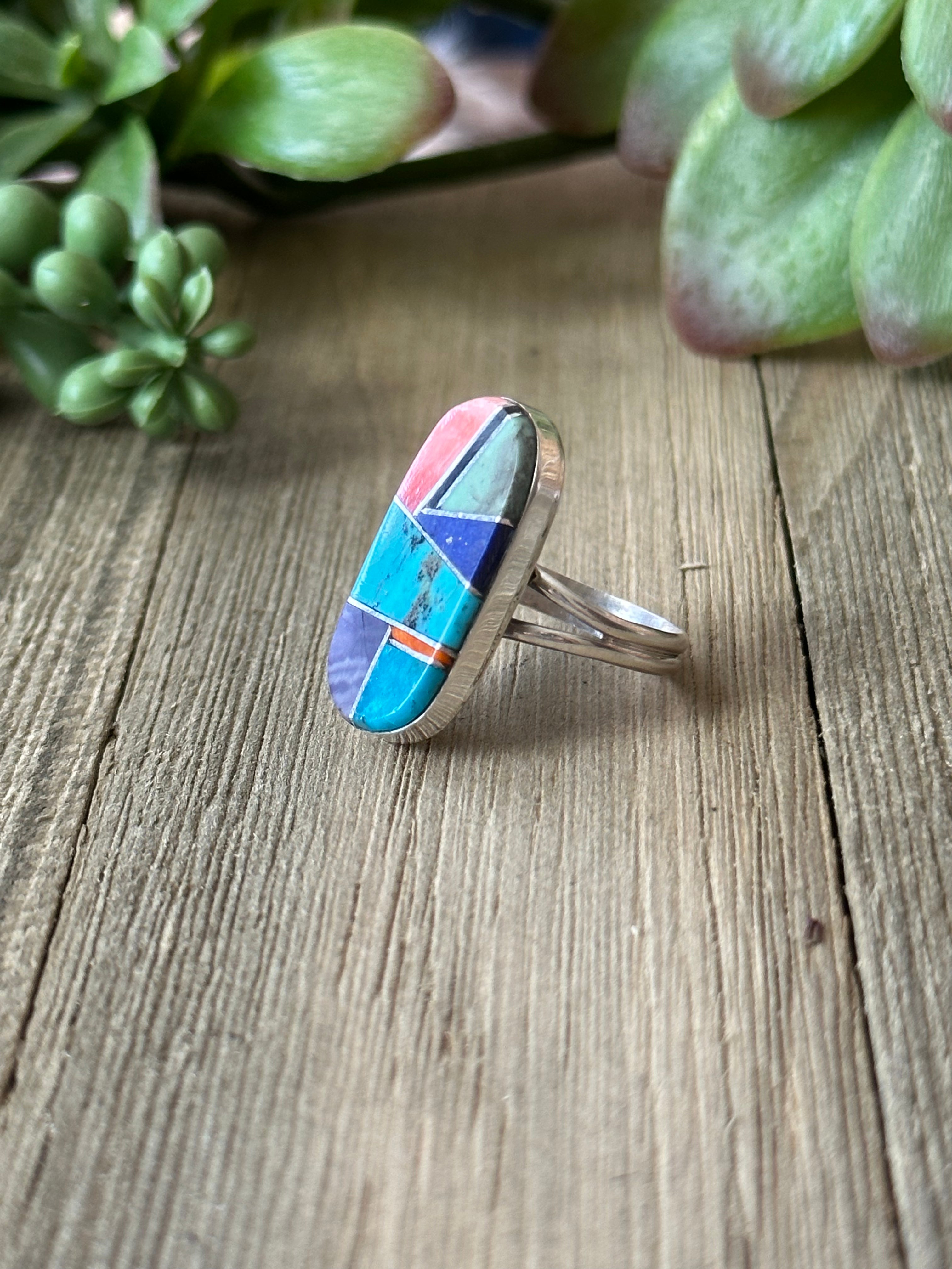 Navajo Made Multi Stone & Sterling Silver Inlay Ring Size 7