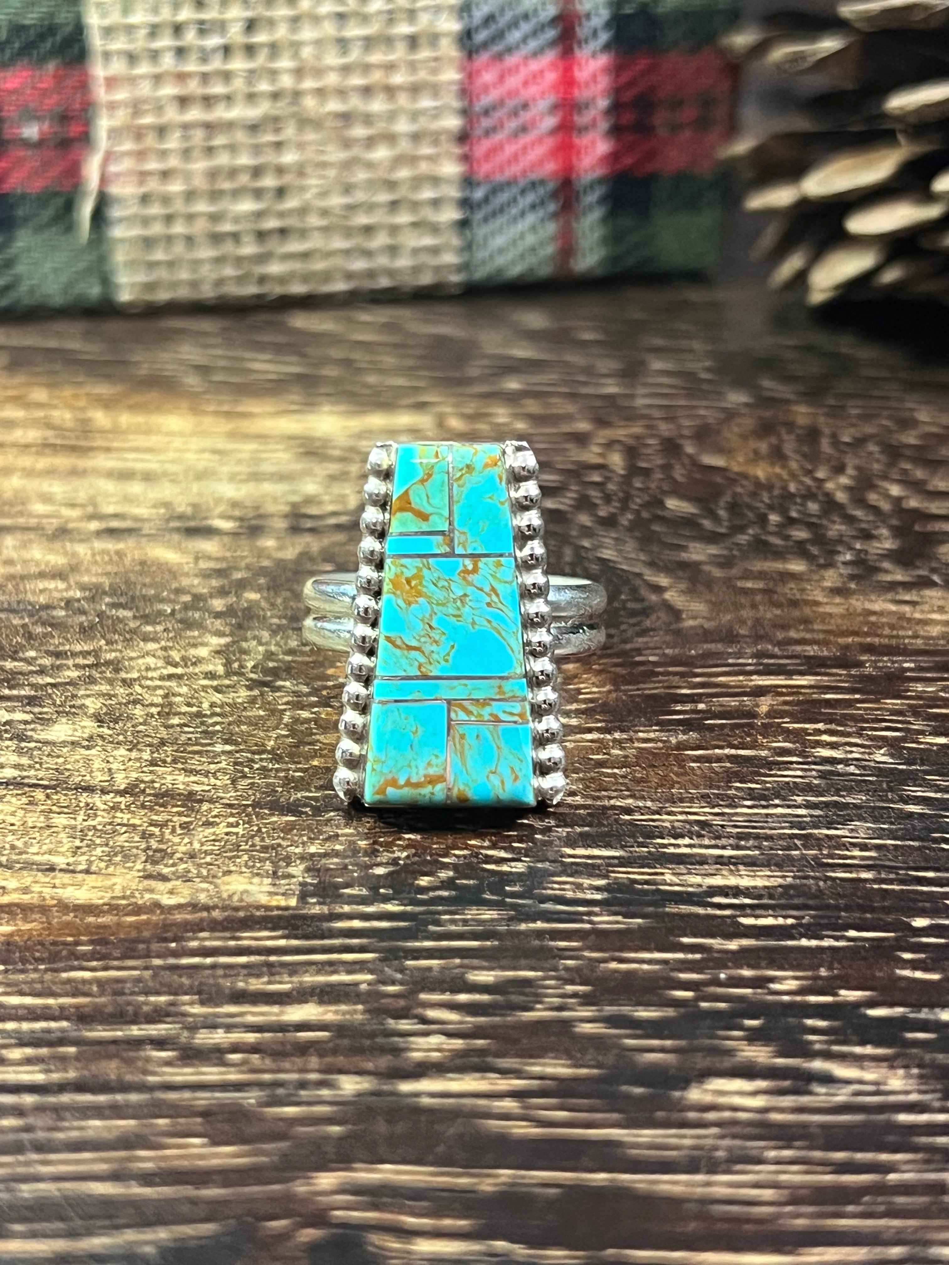 Wilbert Grey #8 Turquoise & Sterling Silver Inlay Ring Size 9.25