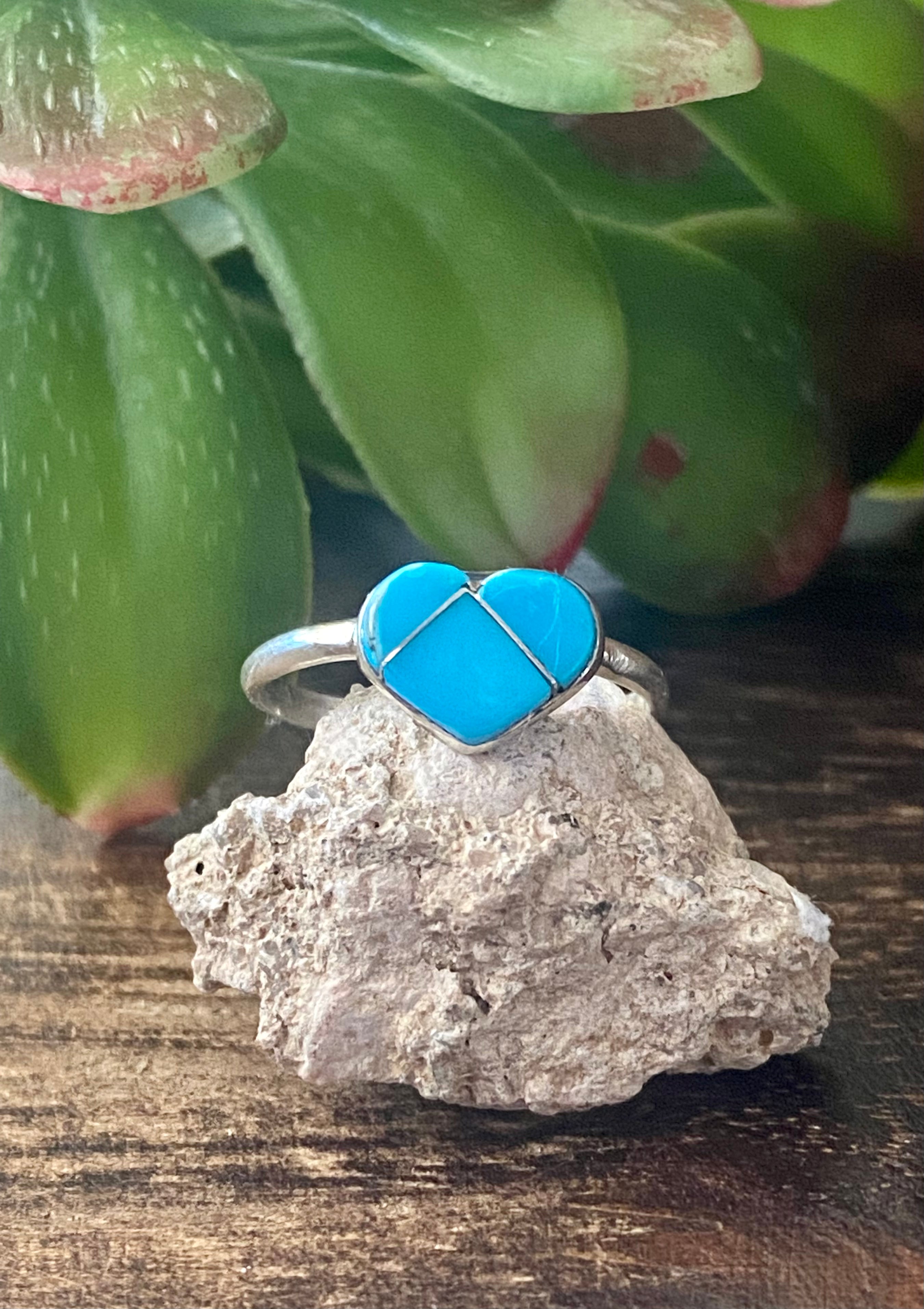 Navajo Made Turquoise & Sterling Silver Inlay Heart Ring Size