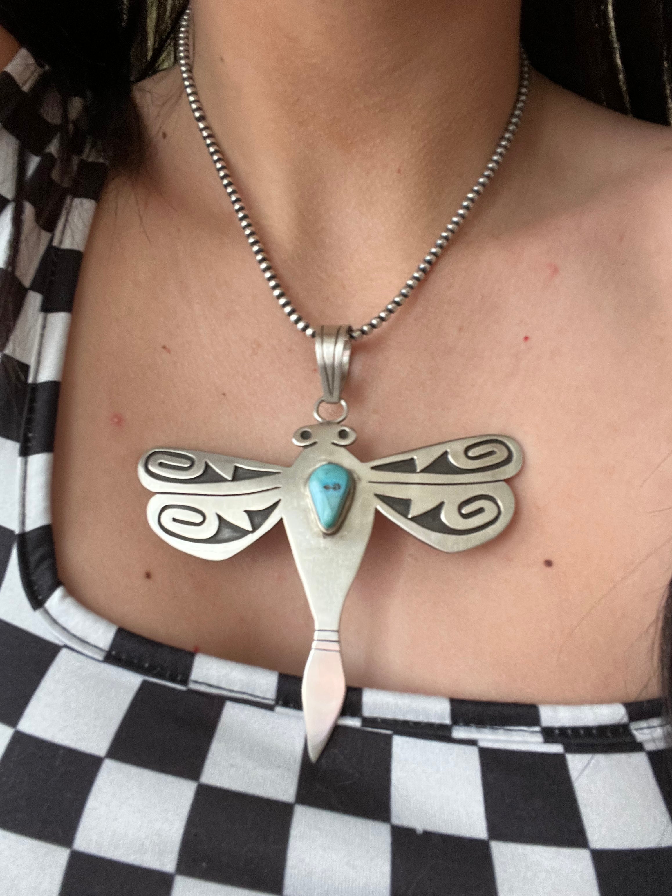 Navajo Made Kingman Turquoise & Sterling Silver Dragonfly Pendant