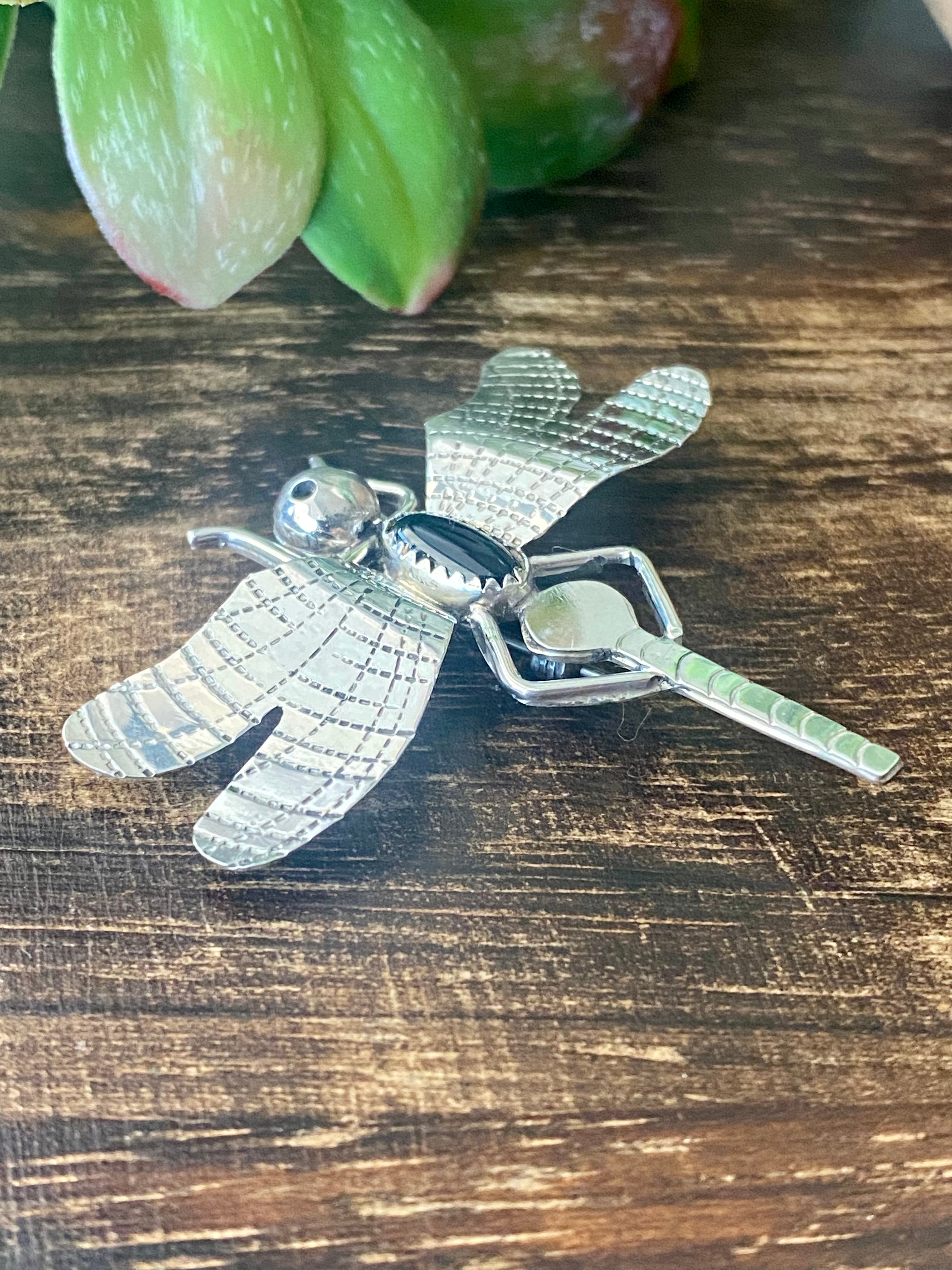 Navajo Made Onyx & Sterling Silver Dragonfly Pin