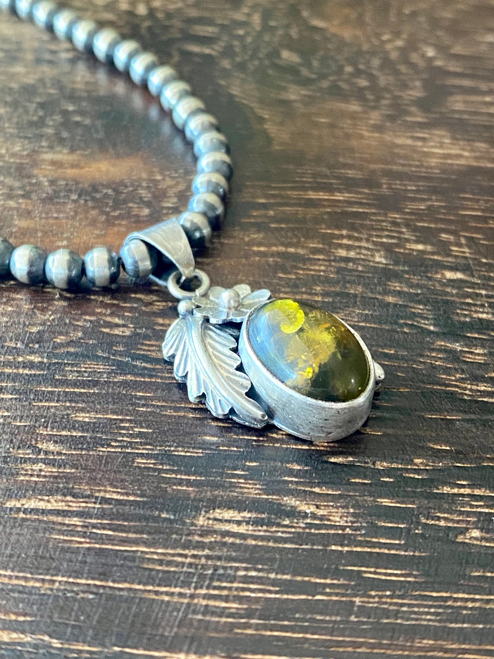 Navajo Made Amber & Sterling Silver Feather Pendant