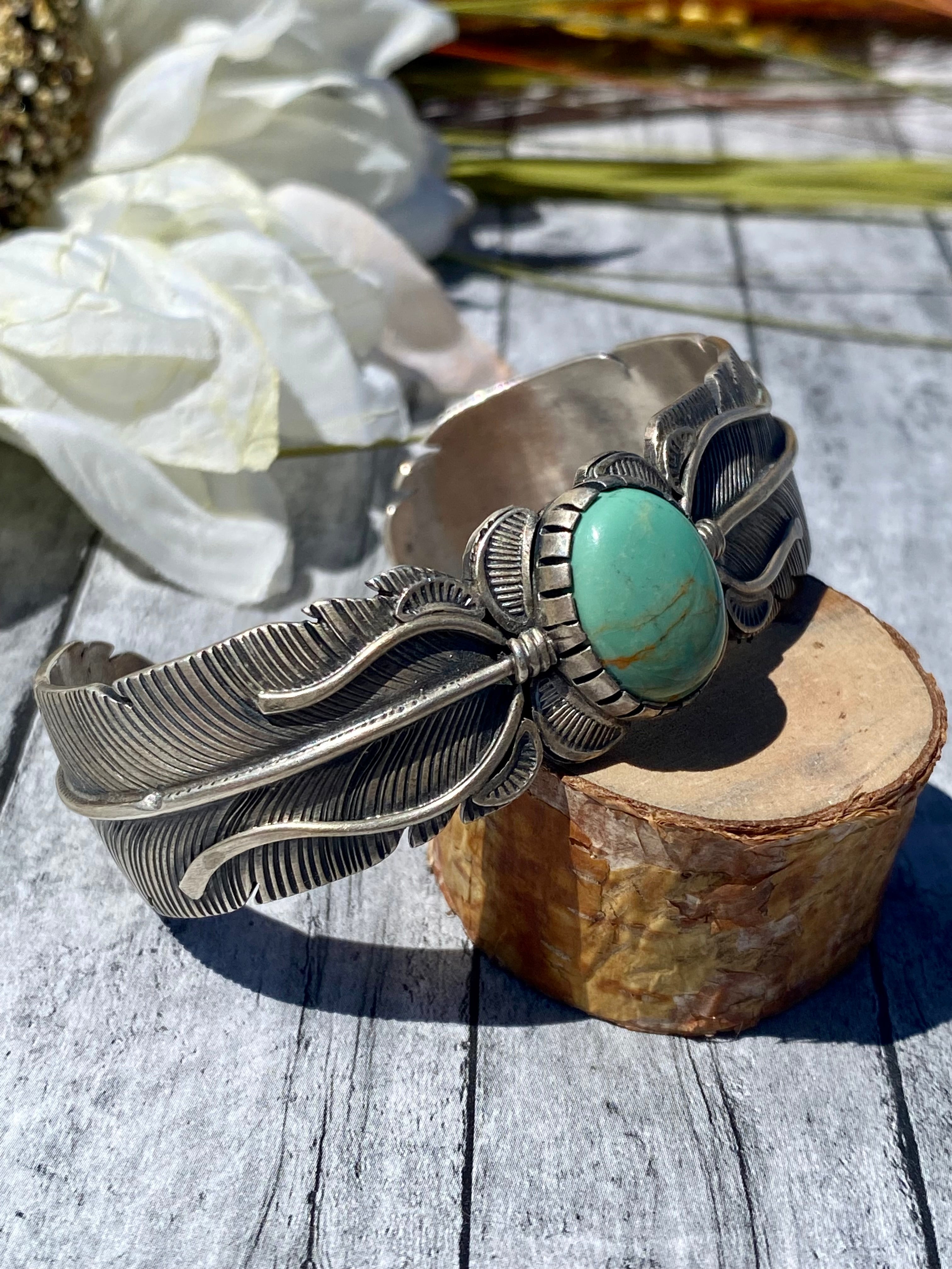 Jimmy Lee Navajo Made Kingman Turquoise & Sterling Silver Feather Cuff Bracelet