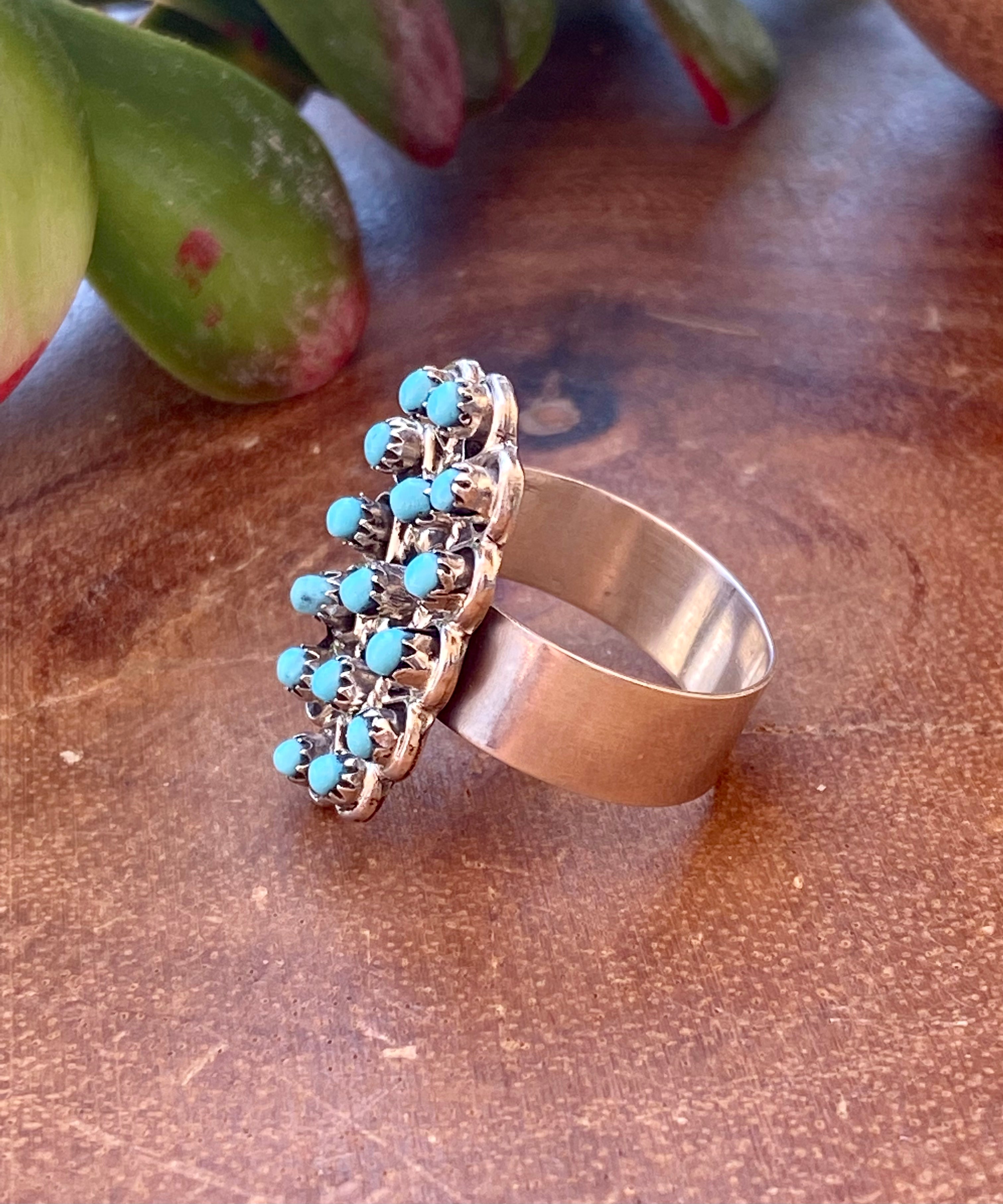 Navajo Made Turquoise & Sterling Silver Petit Point Ring Size 7.75