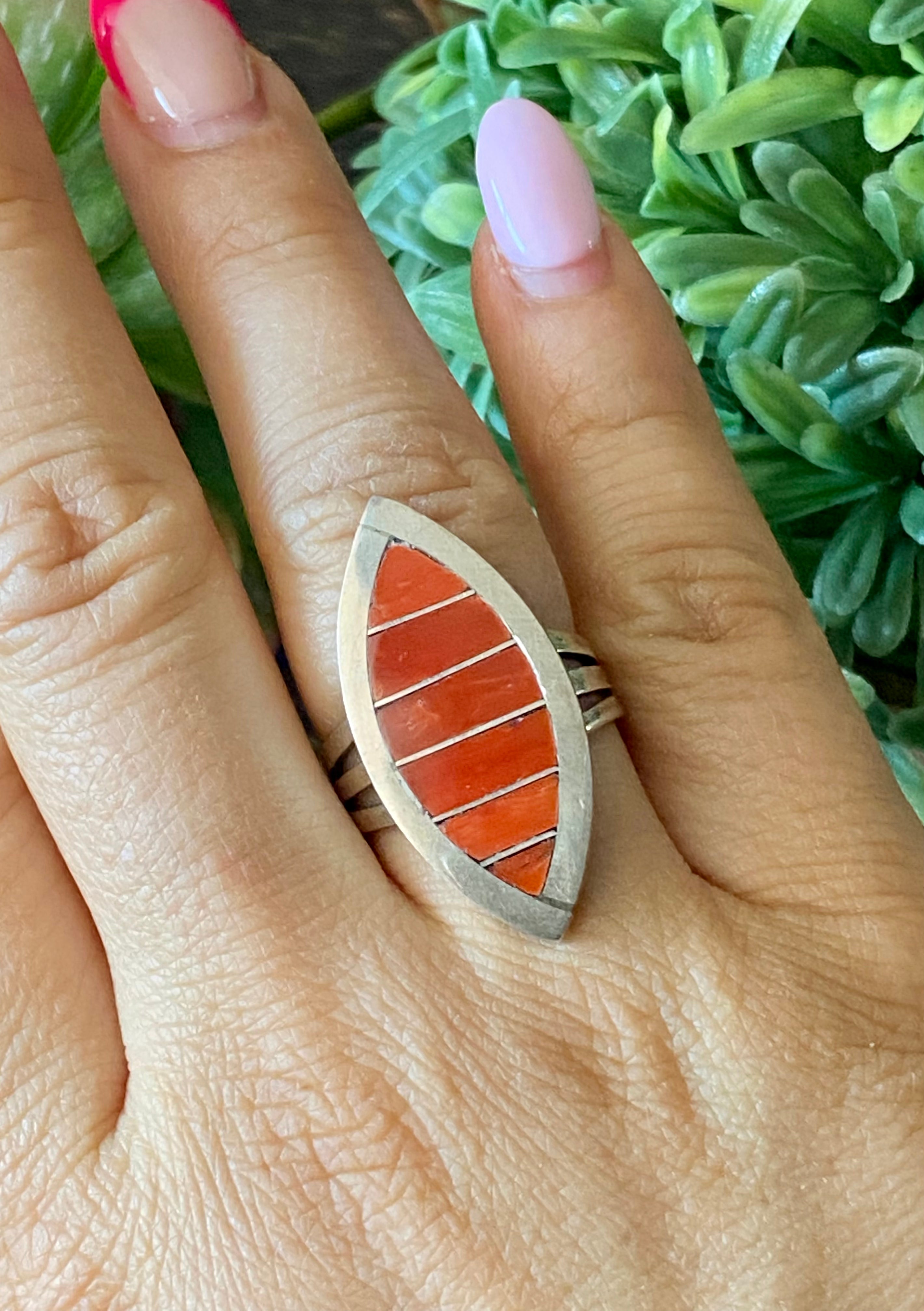 Navajo Made Coral & Sterling Silver Inlay Ring Size 9
