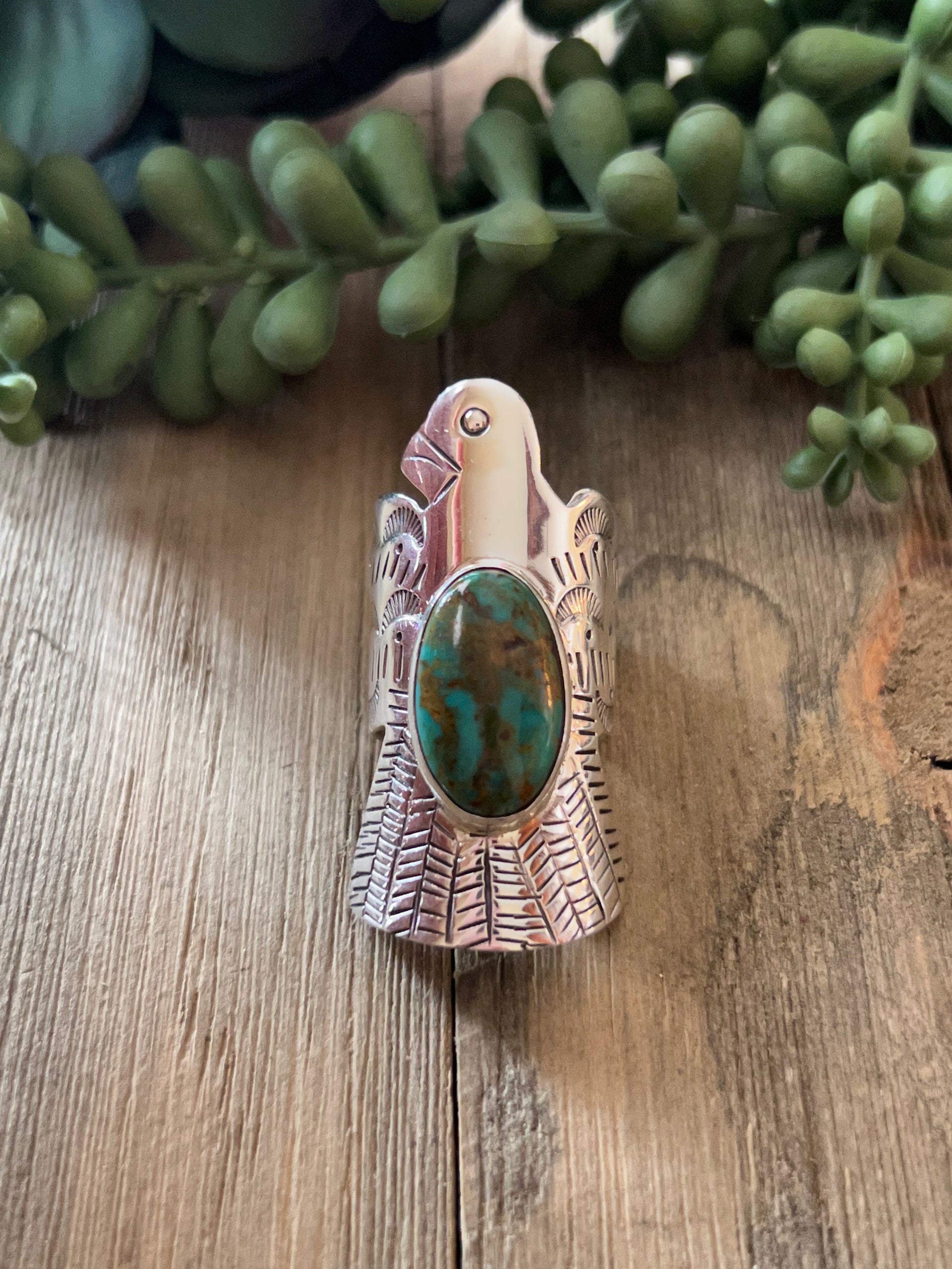 Navajo Made Kingman Turquoise & Sterling Silver Thunderbird Ring Size 8.5