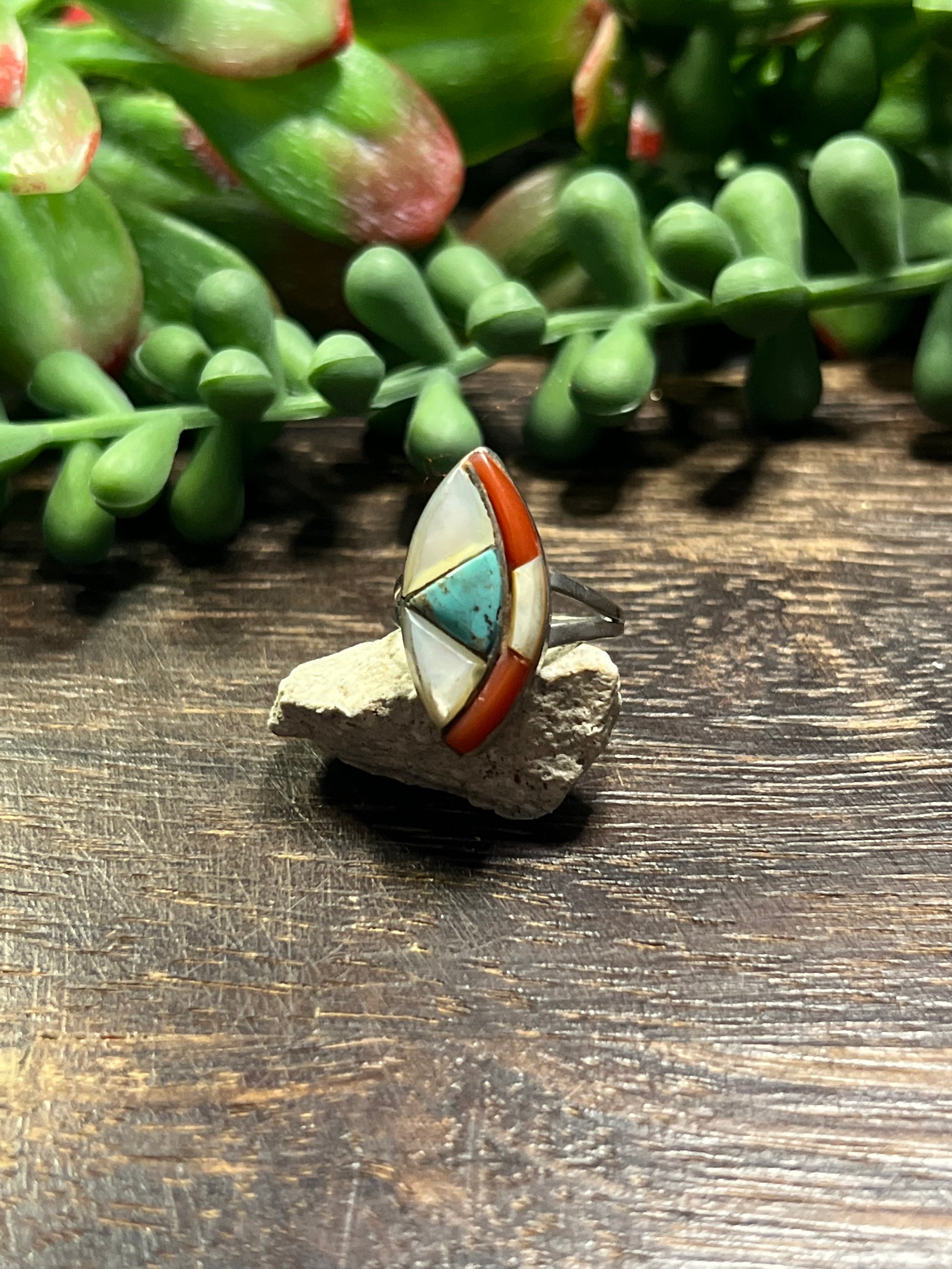 Vintage Navajo Made Multi Stone & Sterling Silver Ring Size 5.5