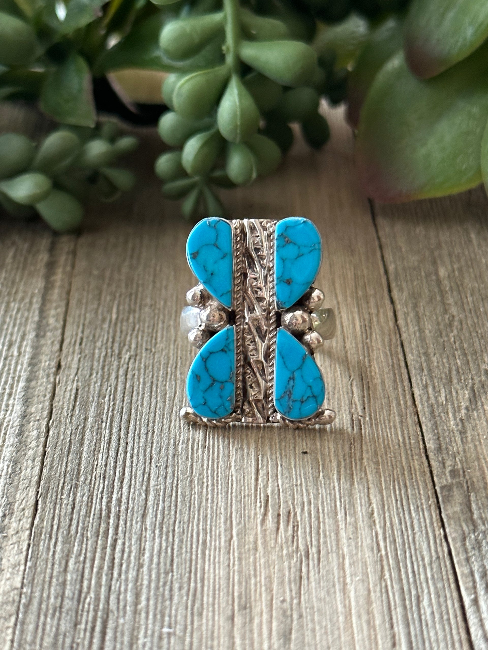 AJ Gilmore Kingman Turquoise & Sterling Silver Inlay Ring Size 9.25