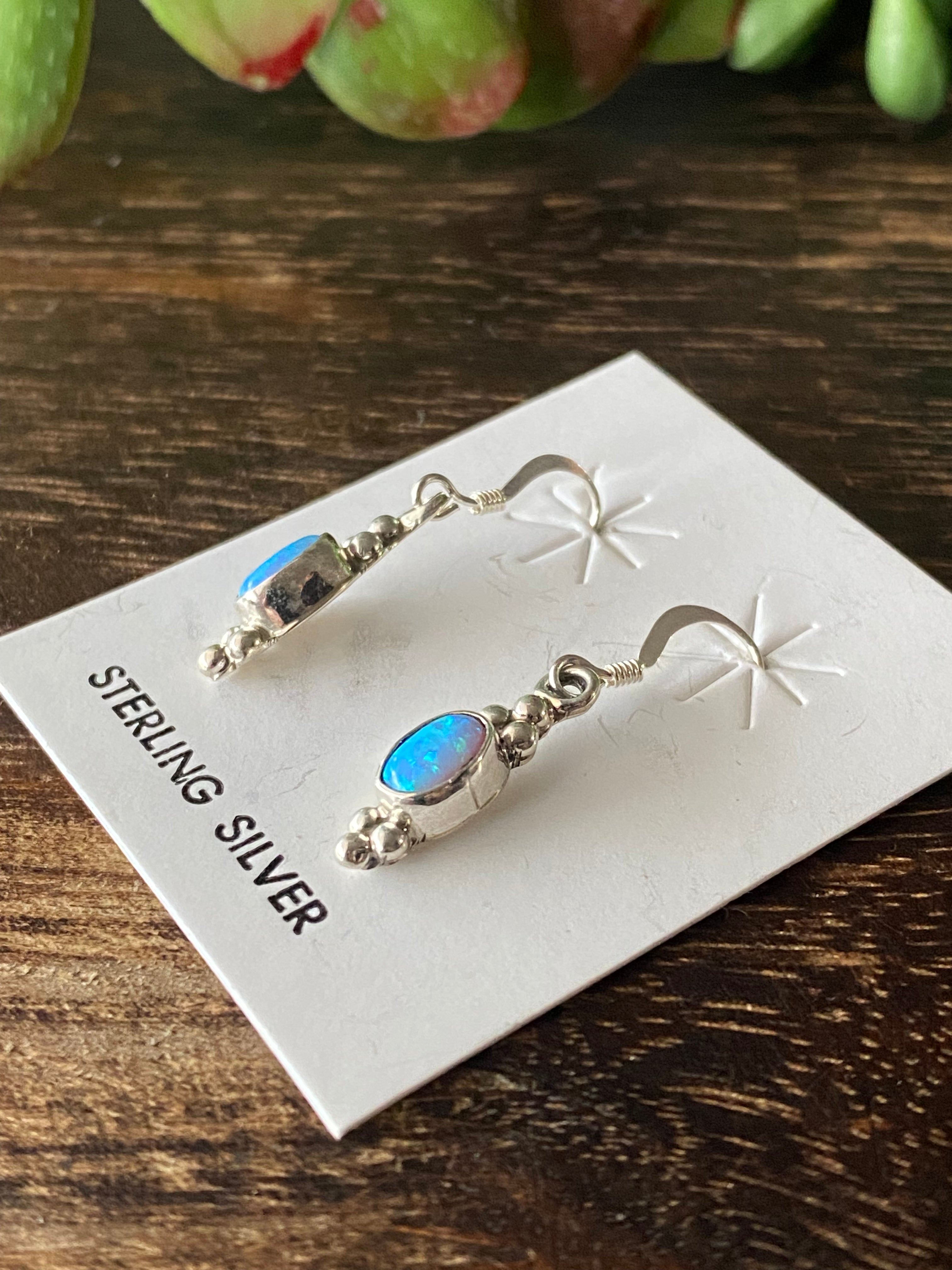 Navajo Made Blue Opal & Sterling Silver Dangle Earrings