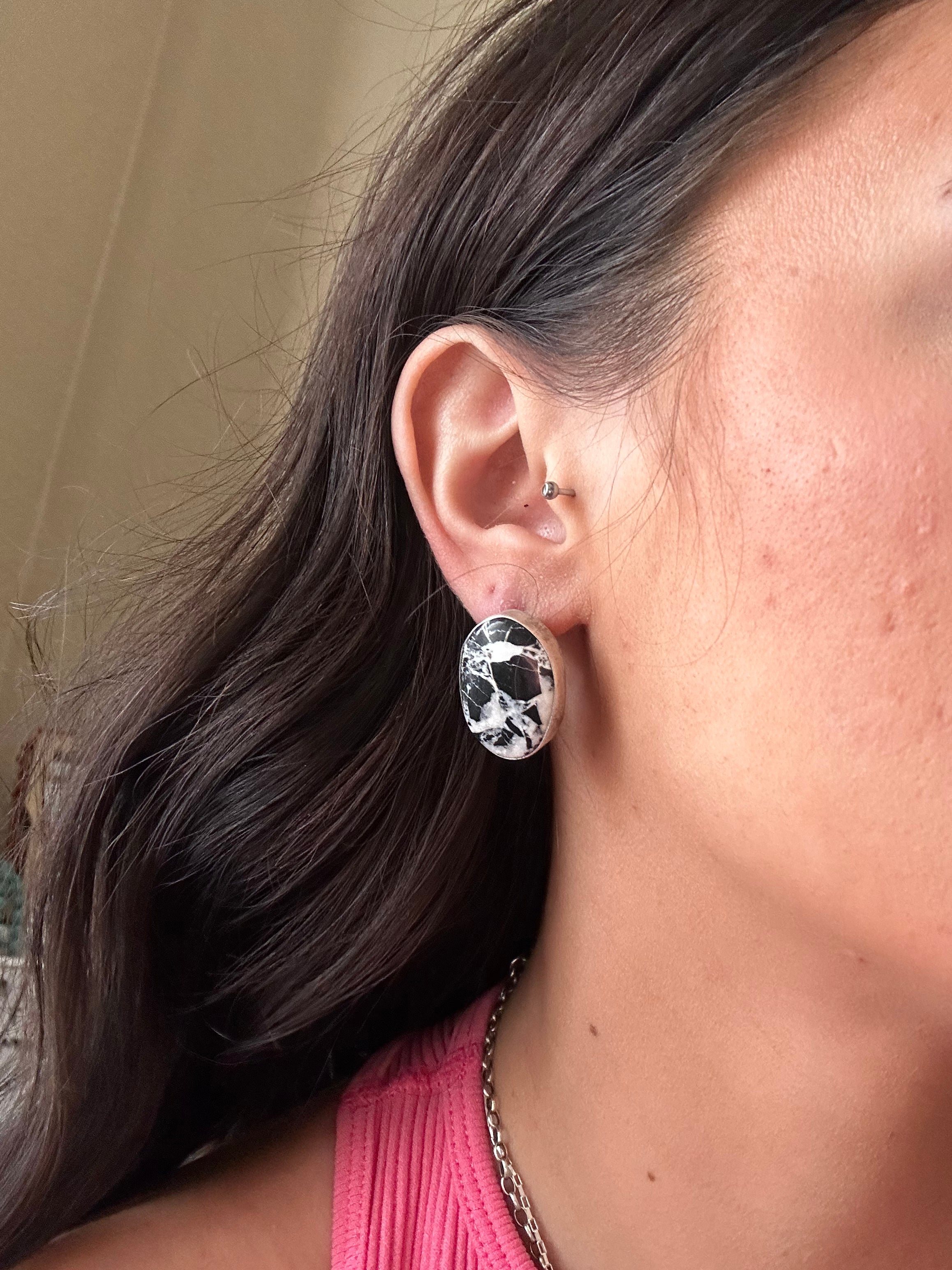 Navajo Made White Buffalo & Sterling Silver Post Earrings