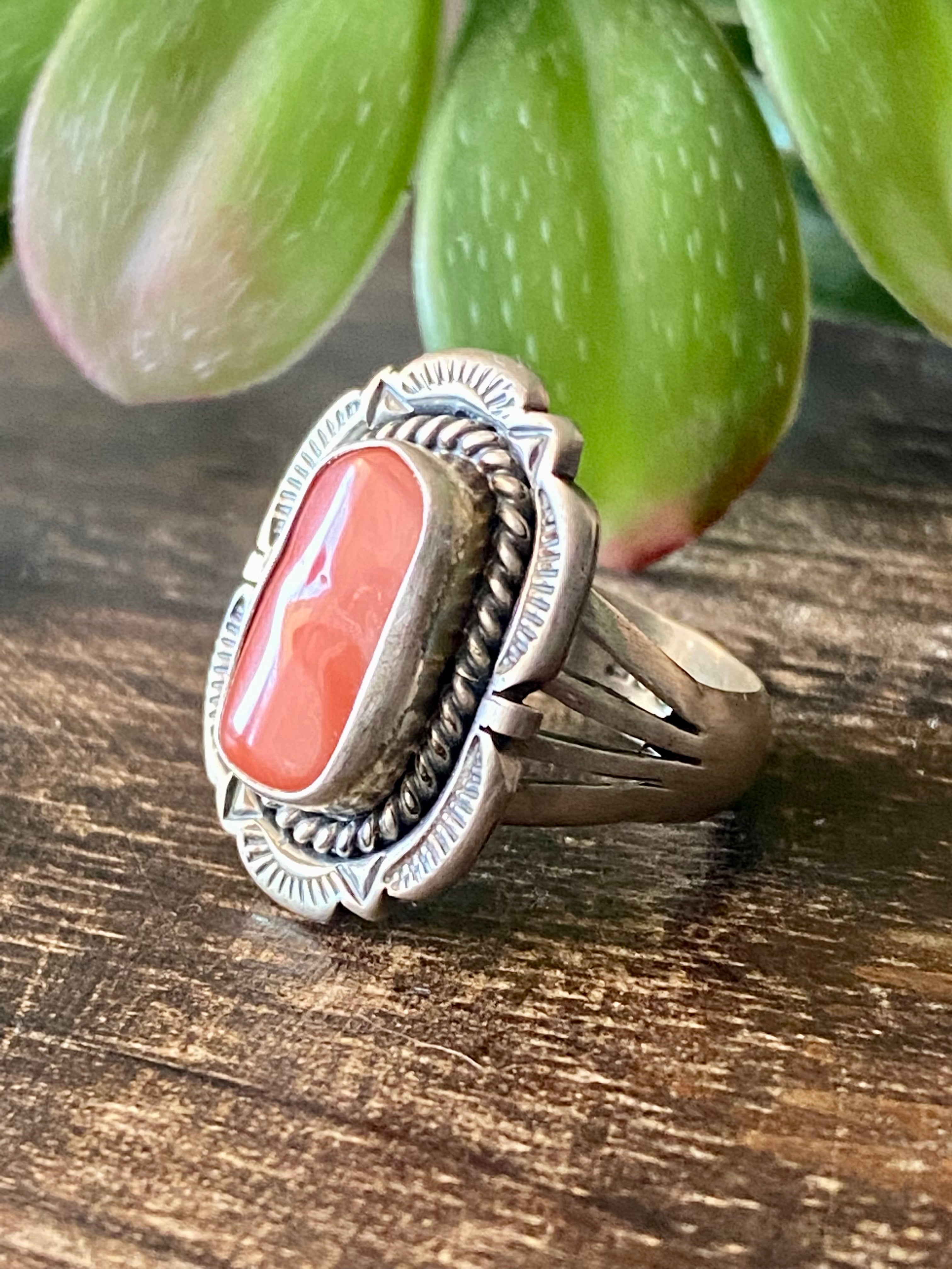 Navajo Made Coral & Sterling Silver Ring Size 6.25