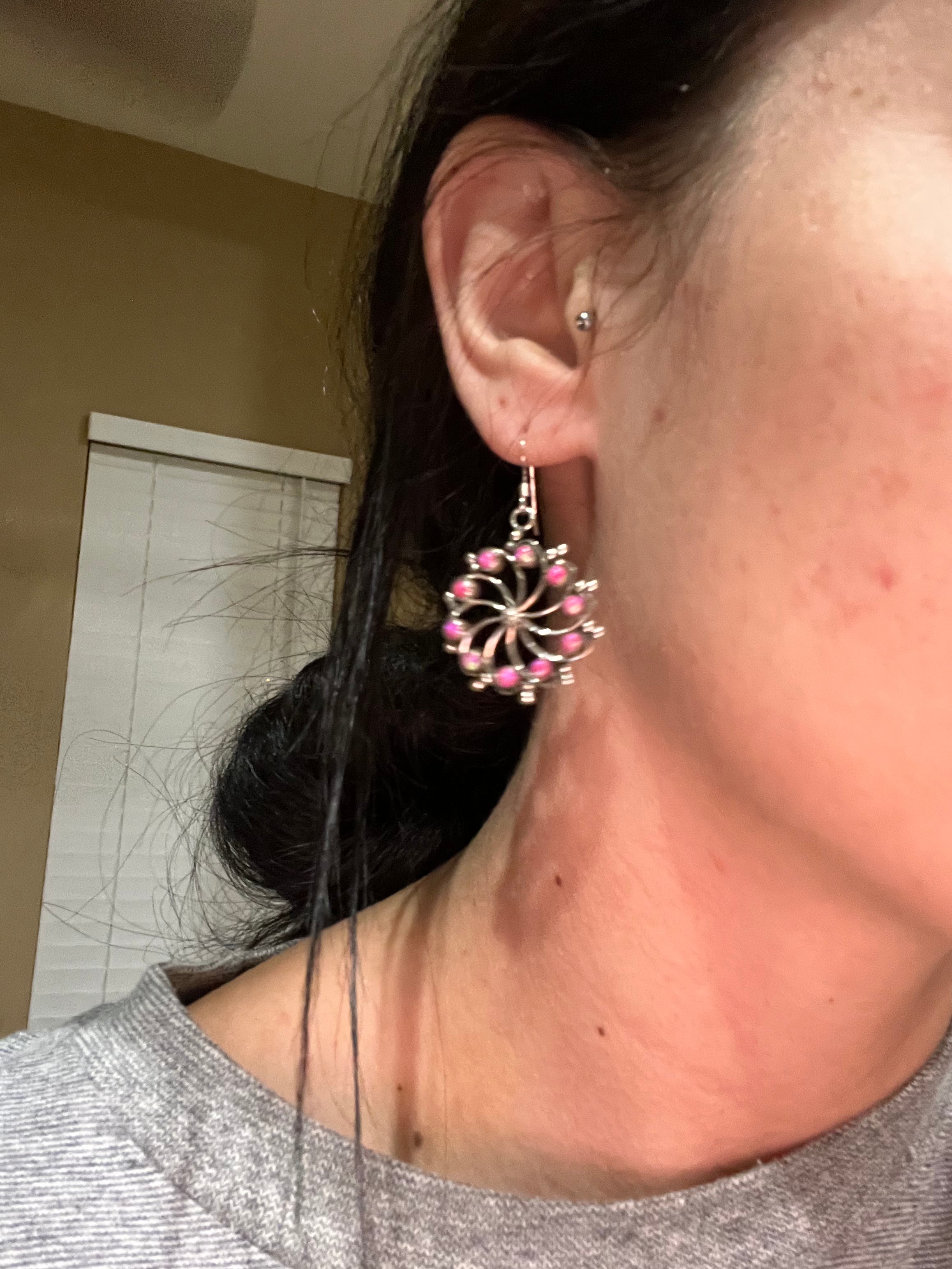 Navajo Made Pink Opal(Manmade) & Sterling Silver Dangle Earrings