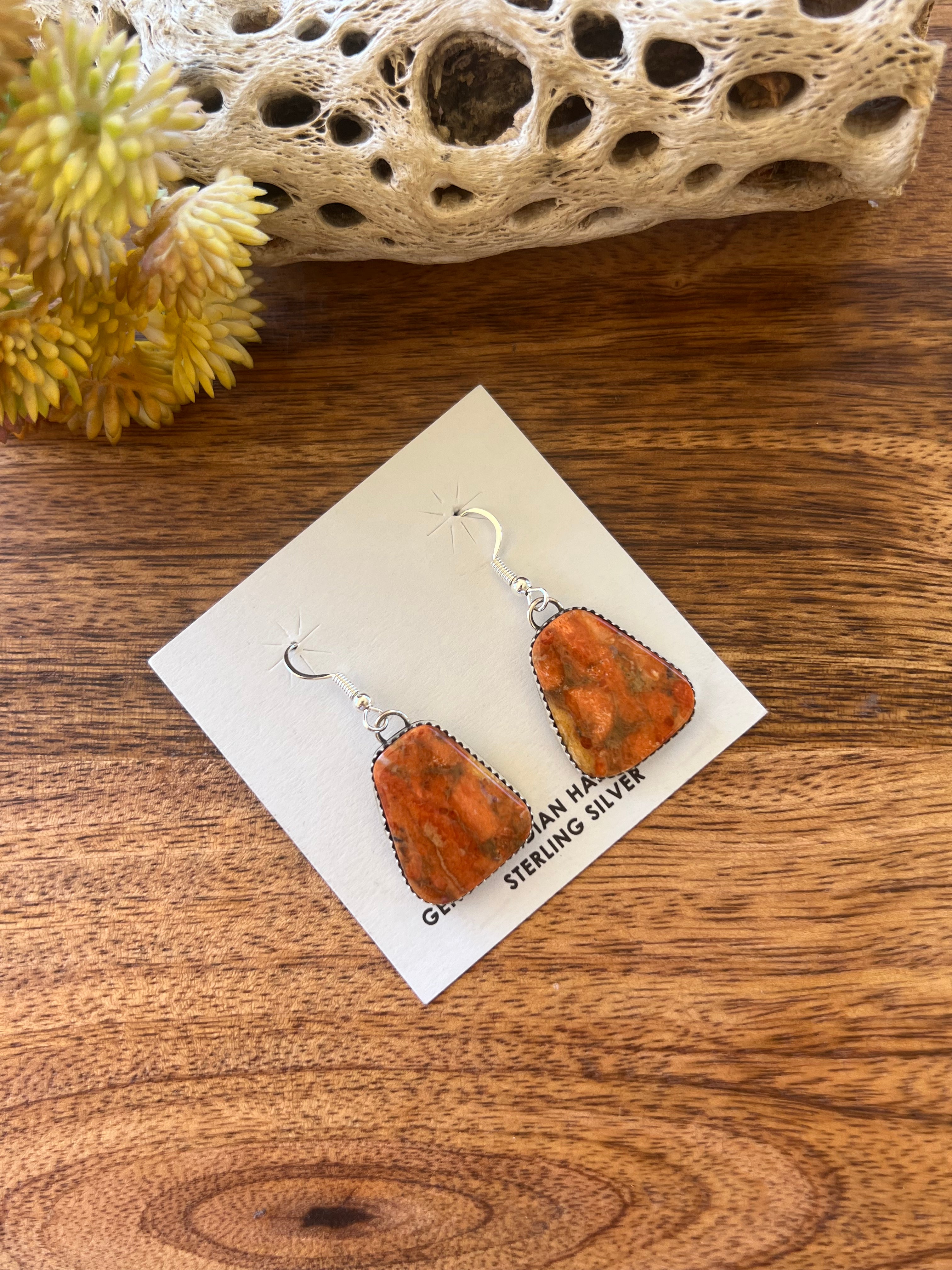 Navajo Made Apple Coral& Sterling Silver Dangle Earrings