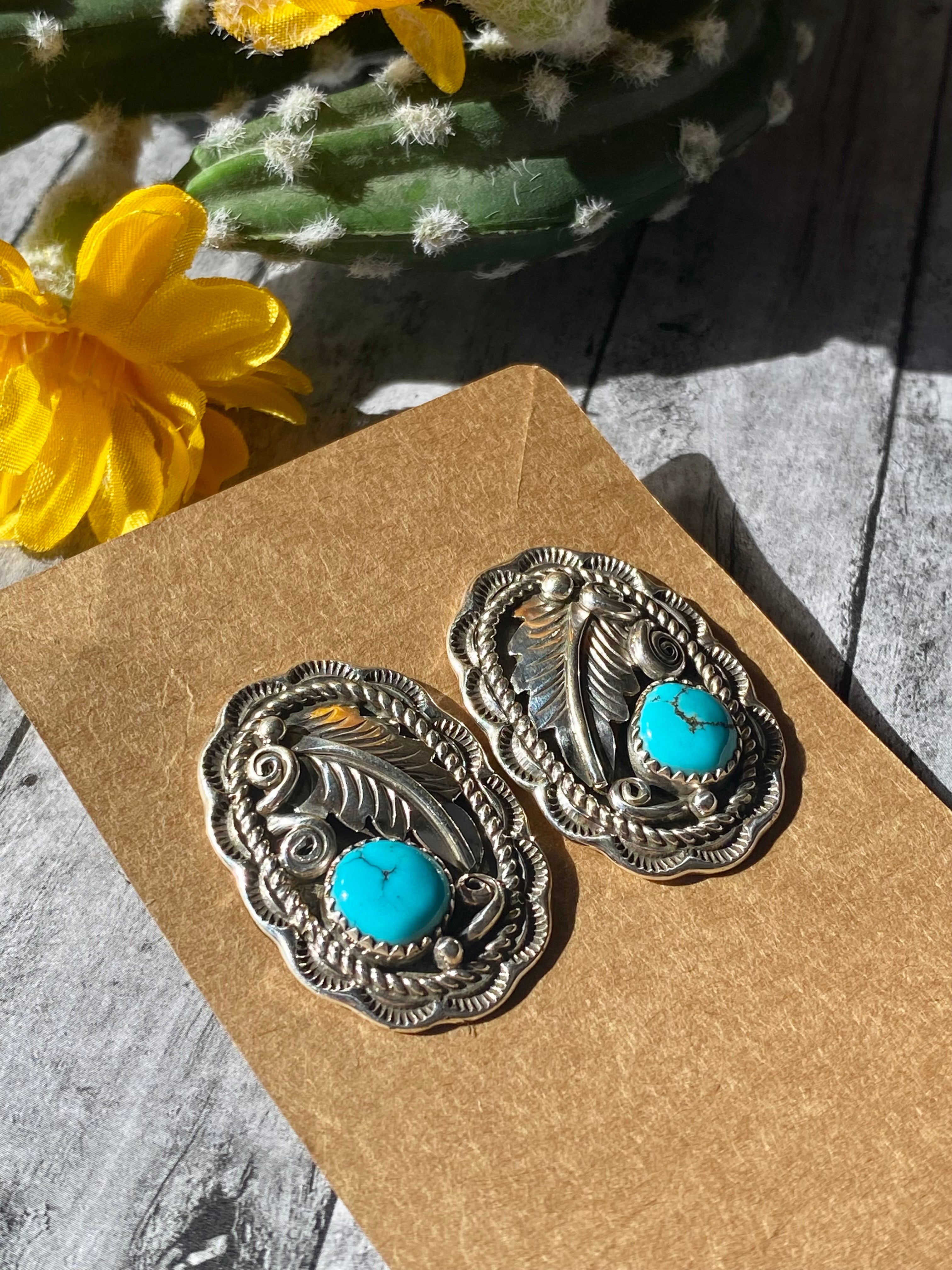 Julia Etsitty Kingman Turquoise & Sterling Silver Feather Post Dangle Earrings