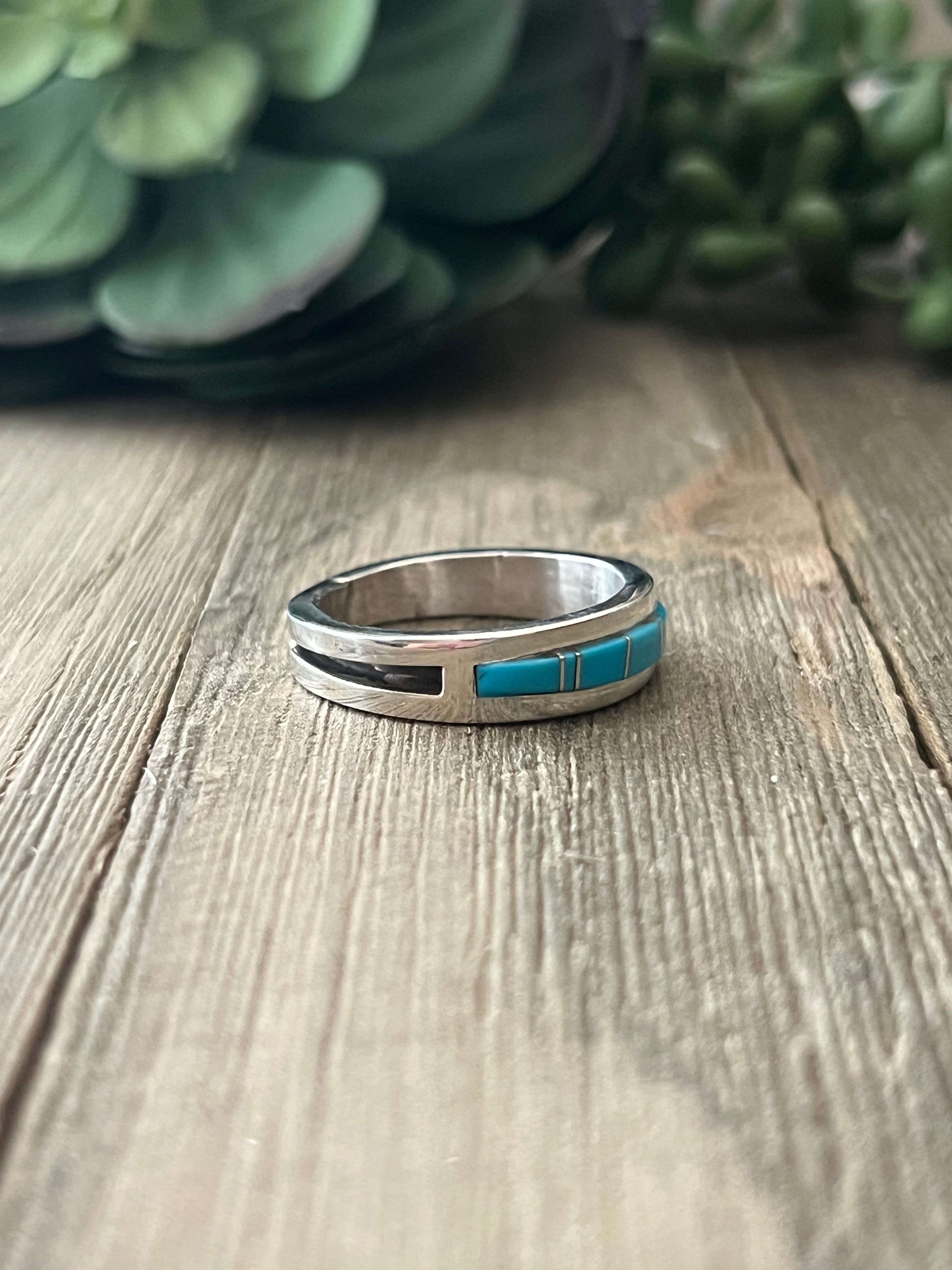 Navajo Made Kingman Turquoise & Sterling Silver Inlay Ring