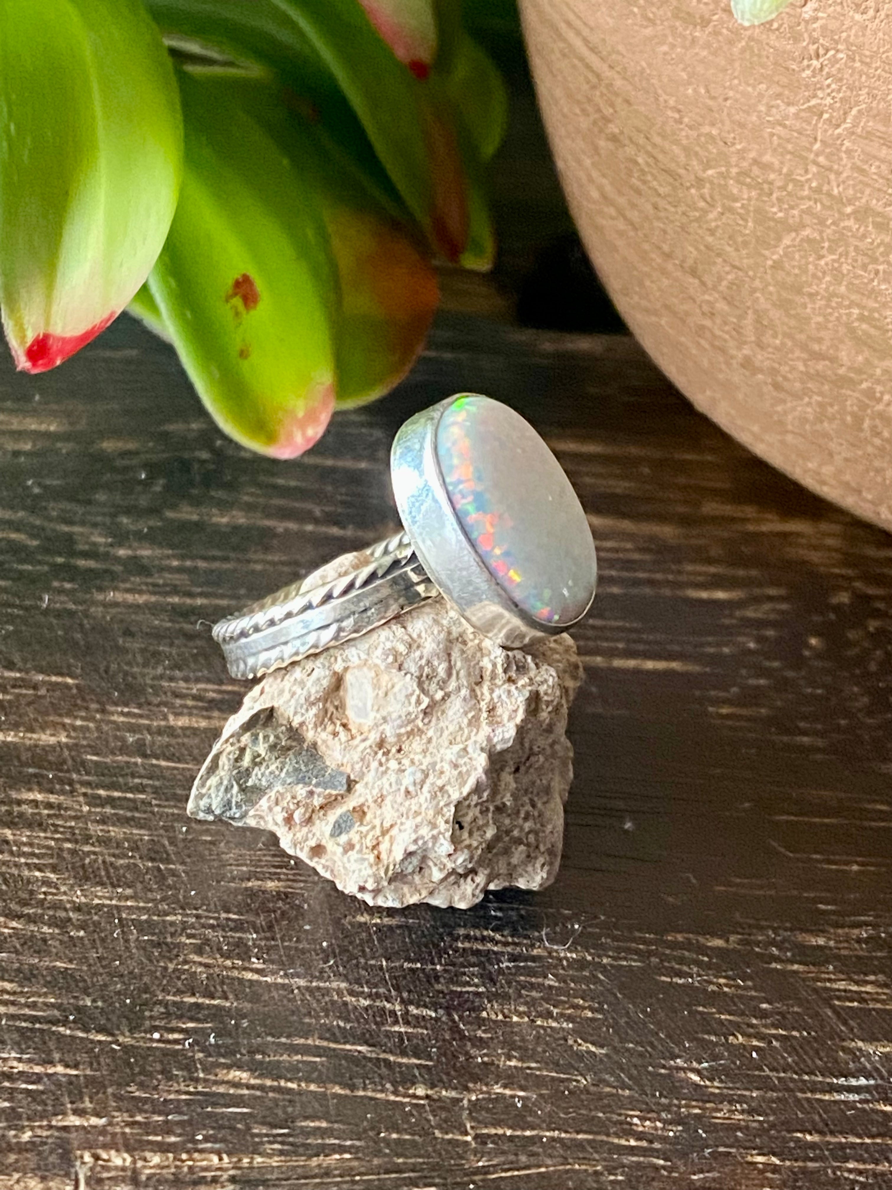 Isabelle Yazzie White Opal & Sterling Silver Ring Size 7.5