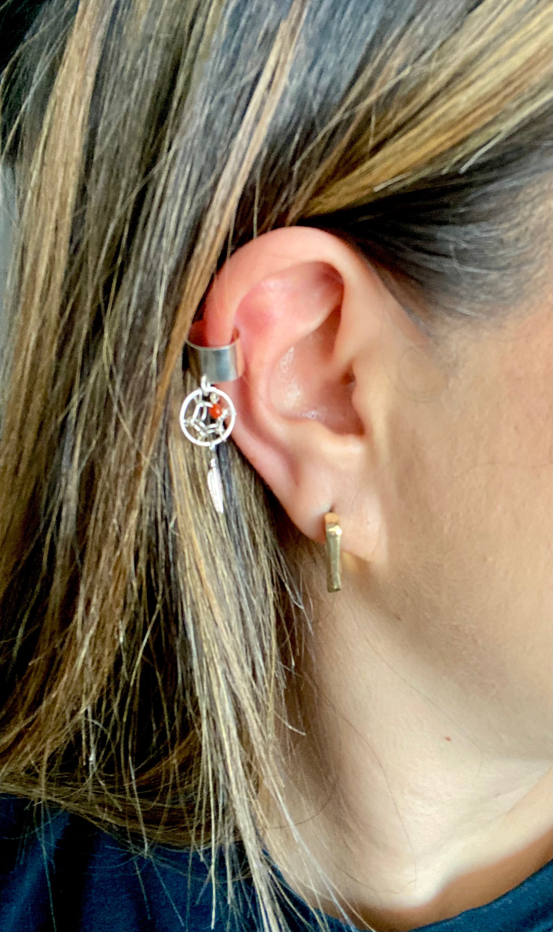 Navajo Made Coral & Sterling Silver Dreamcatcher Ear Cuff Earring