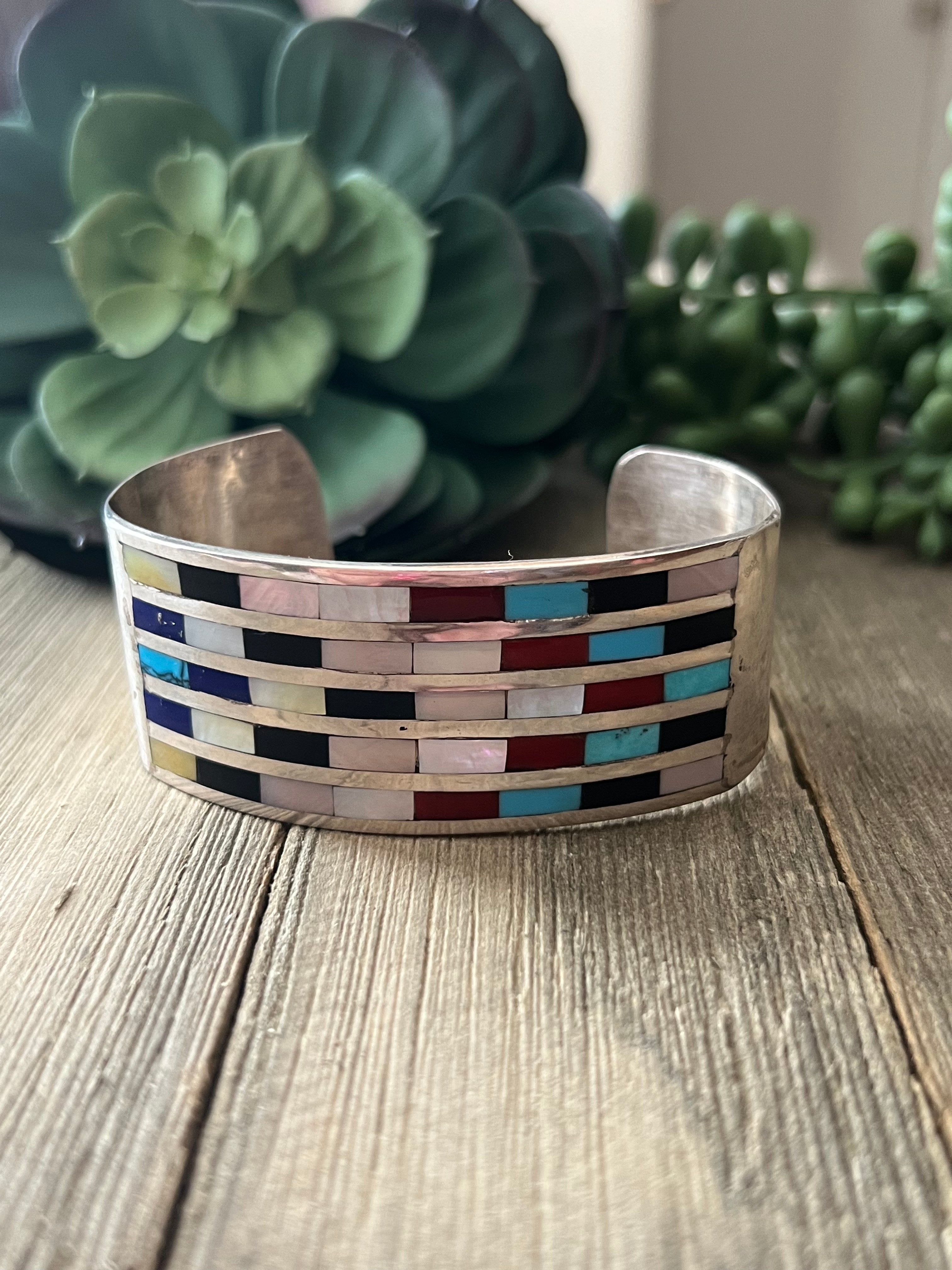 Zuni Made Multi Stone & Sterling Silver Inlay Cuff Bracelet