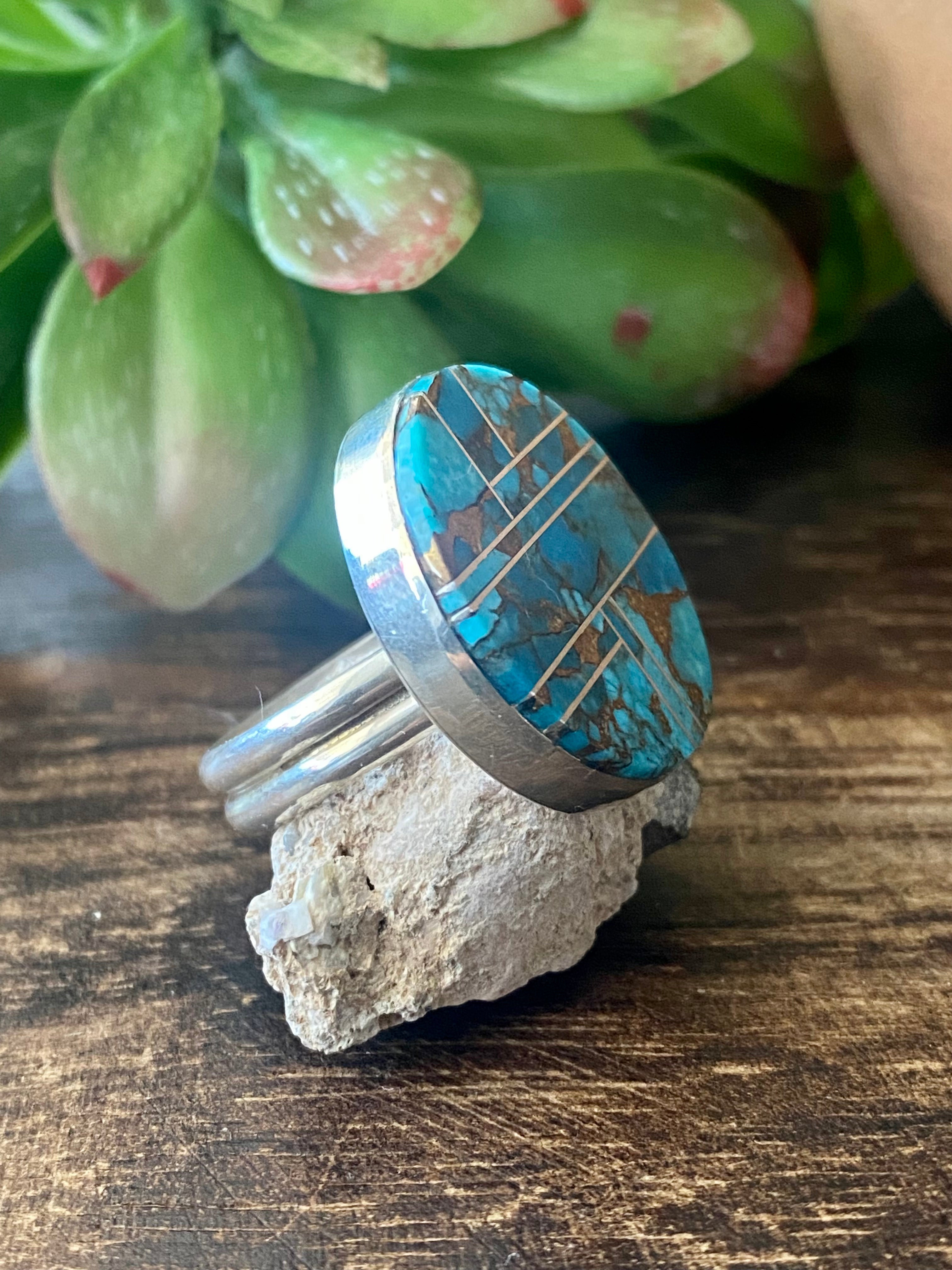 Navajo Made Mohave Turquoise & Sterling Silver Ring Size 9.5