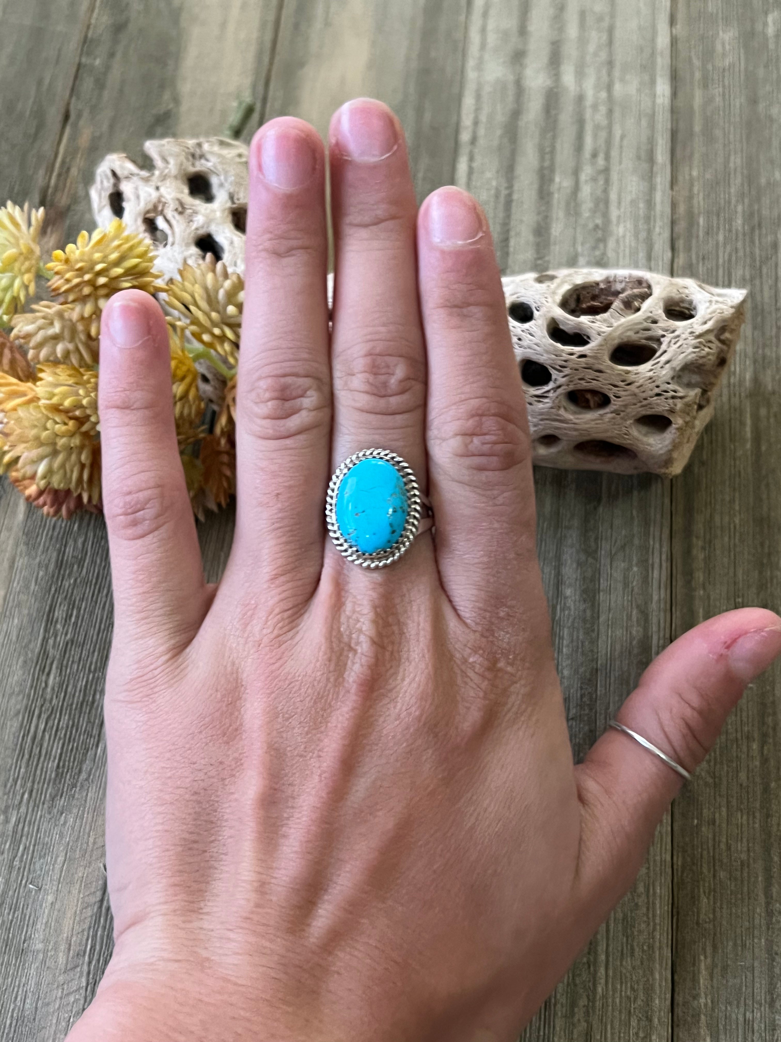 Navajo Made Kingman Turquoise & Sterling Silver Ring Size 7.5