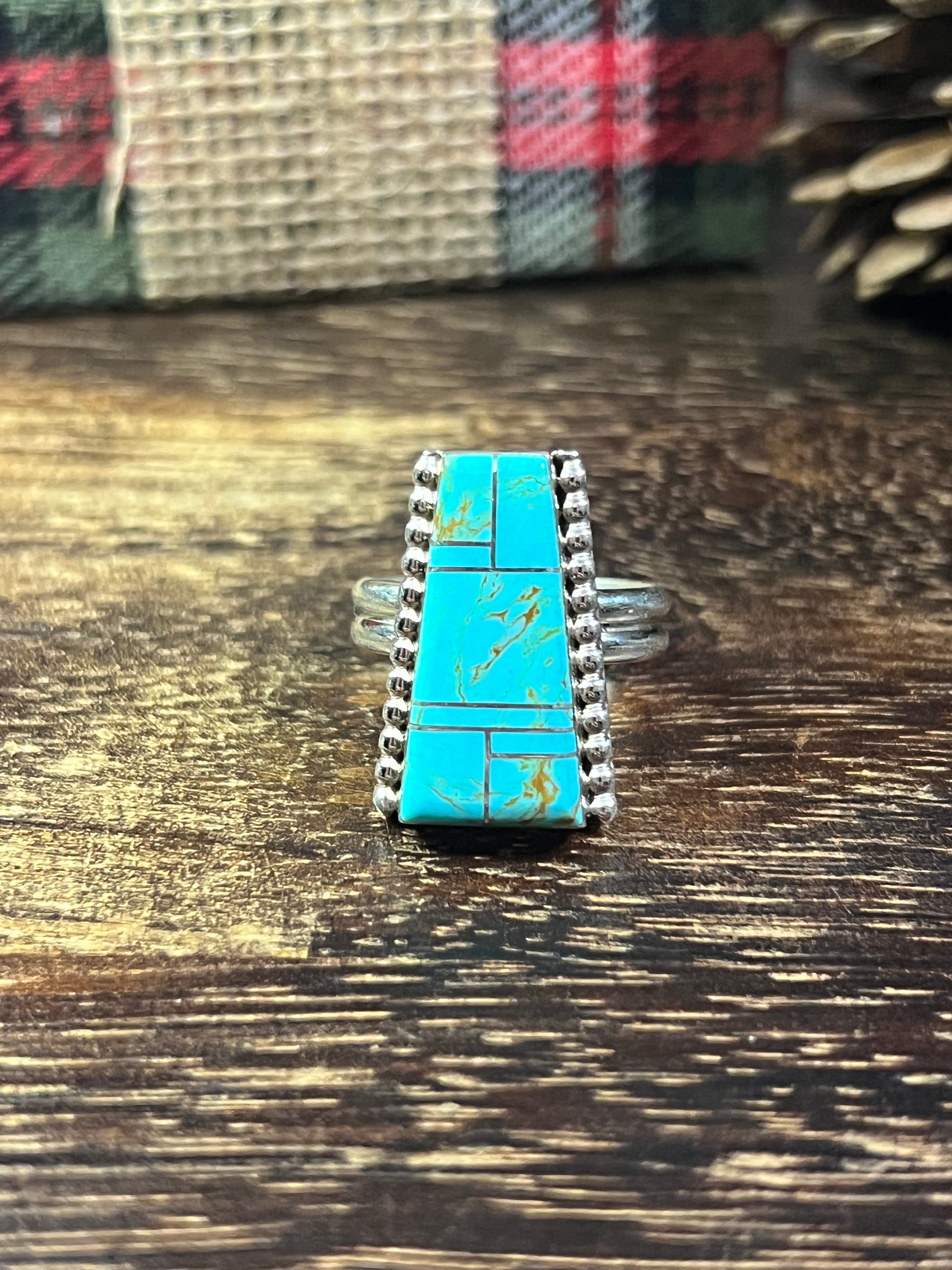 Wilbert Grey #8 Turquoise & Sterling Silver Inlay Ring Size 10