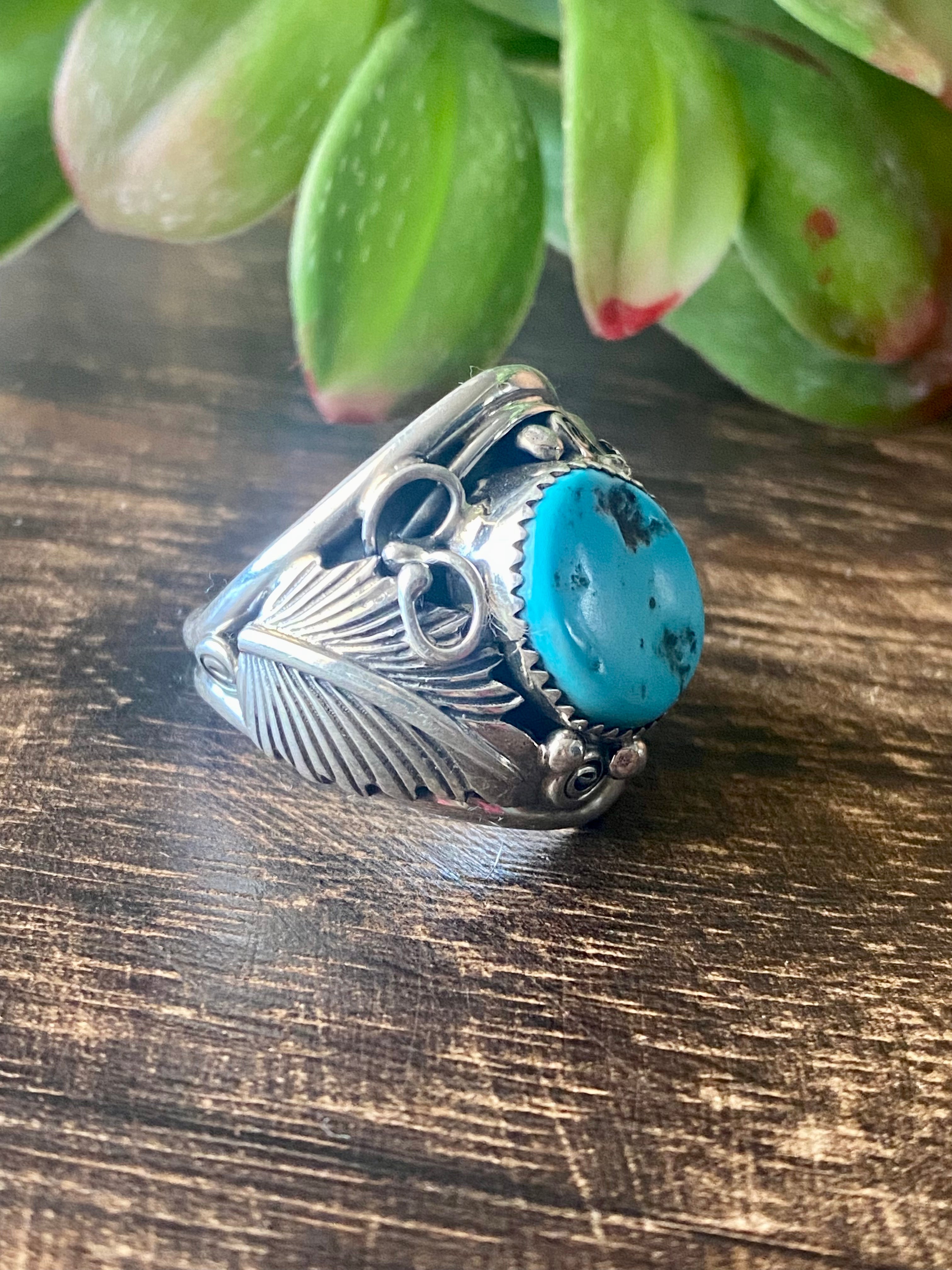 Navajo Made Kingman Turquoise & Sterling Silver Ring Size 11