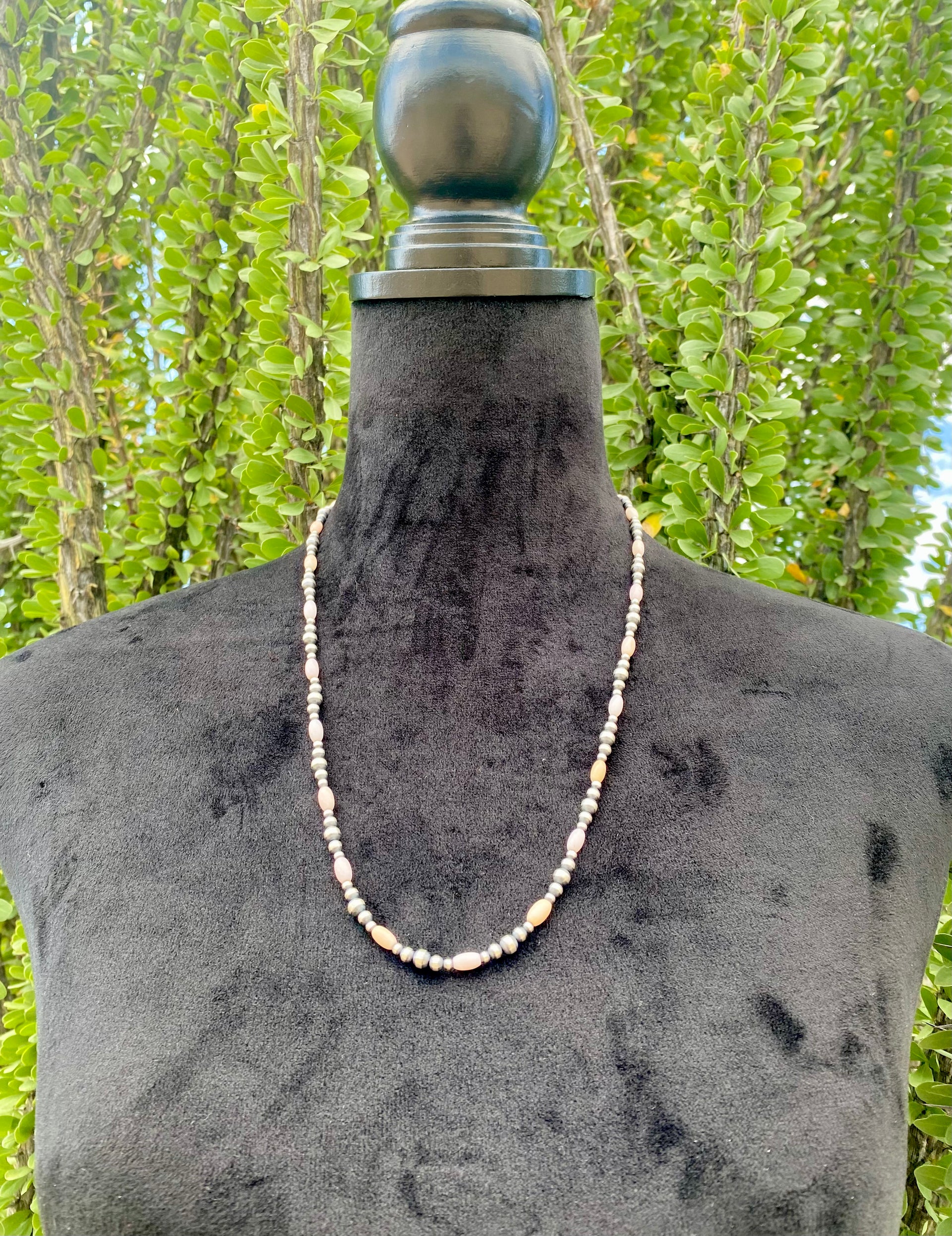 Navajo Made Pink Opal & Sterling Silver Graduated Pearl Necklace
