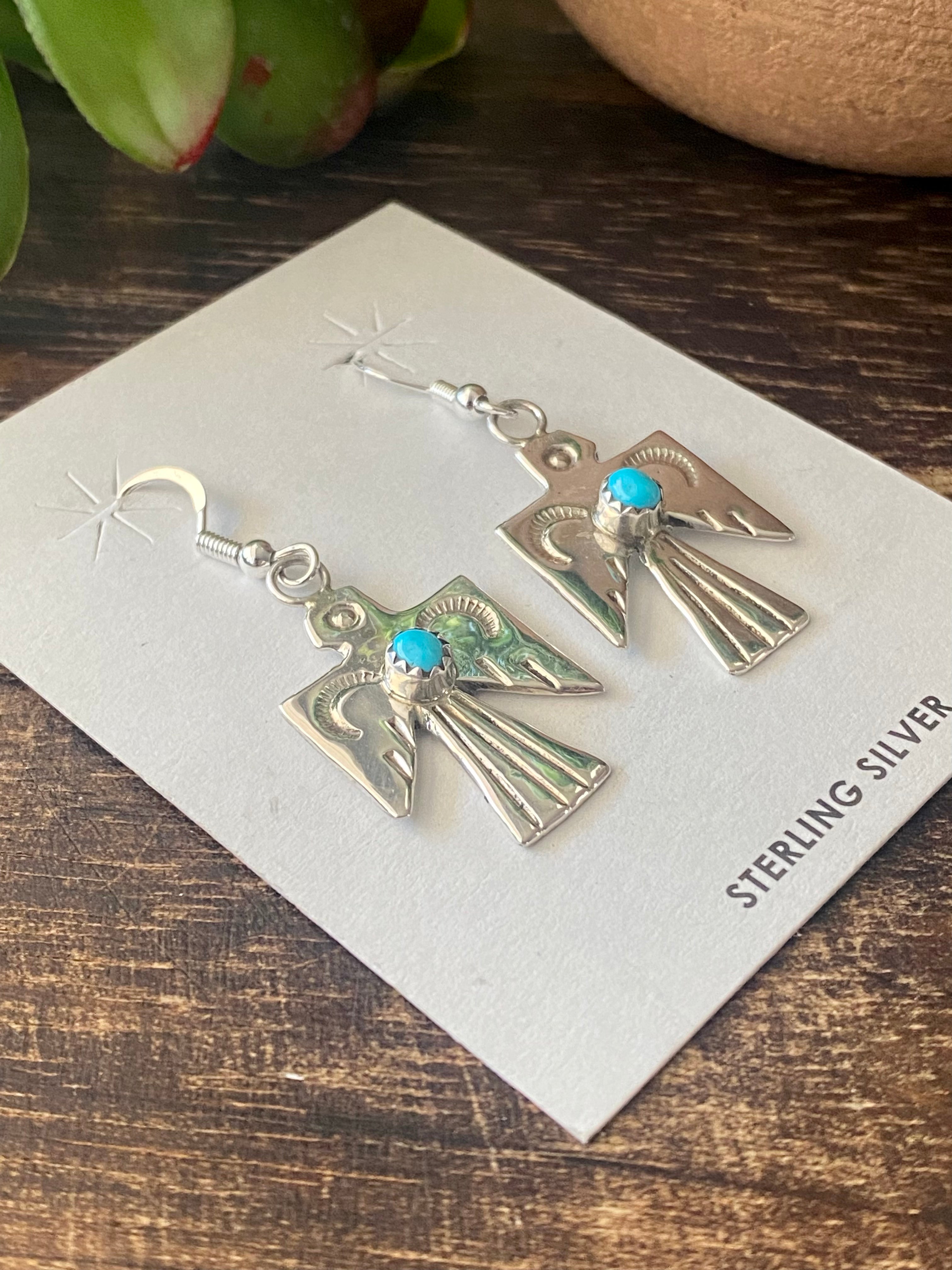 Navajo Made Turquoise & Sterling Silver Thunderbird Dangle Earrings