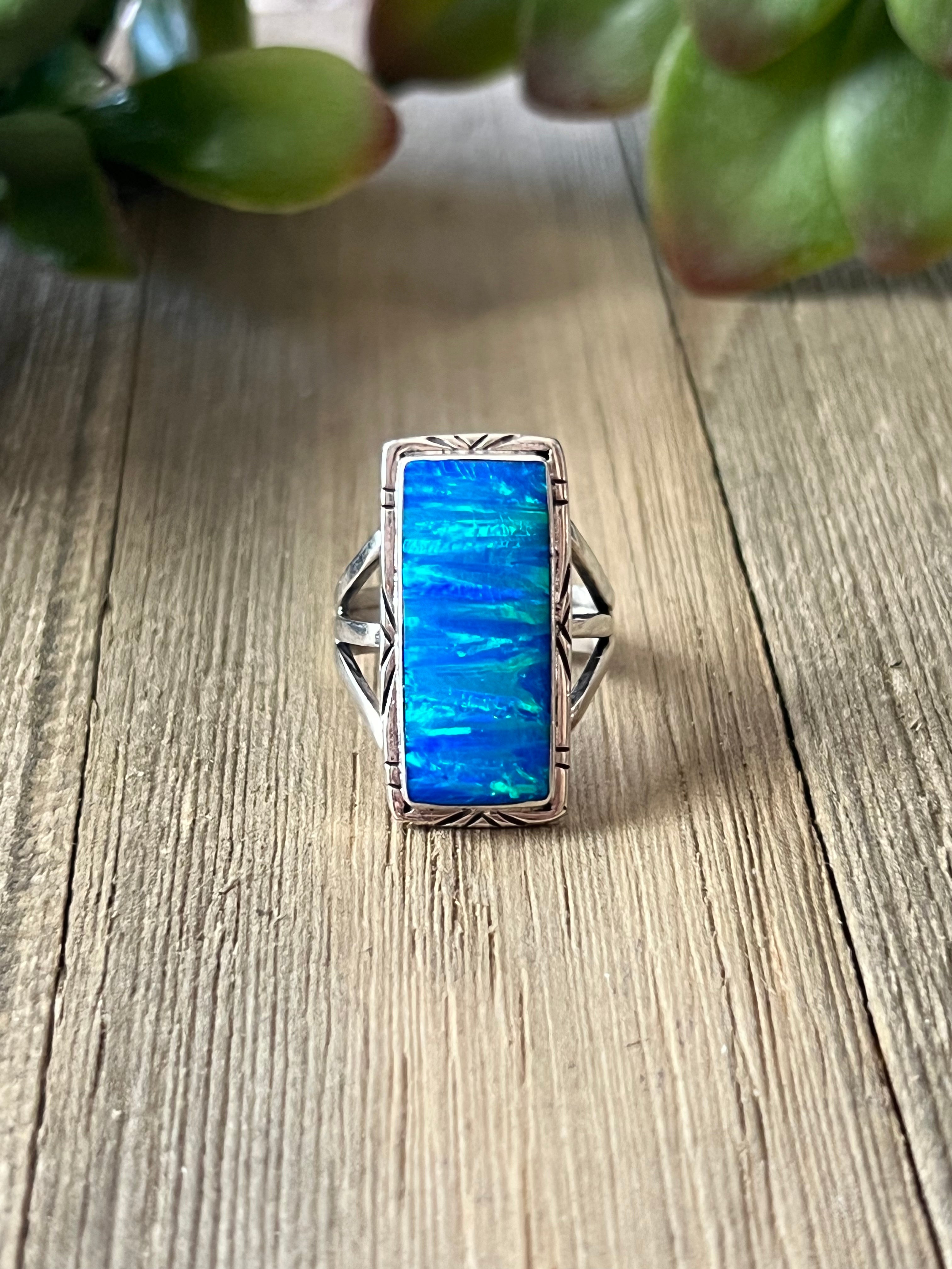 Navajo Made Blue Opal (Man Made) & Sterling Silver Ring Size 6.5
