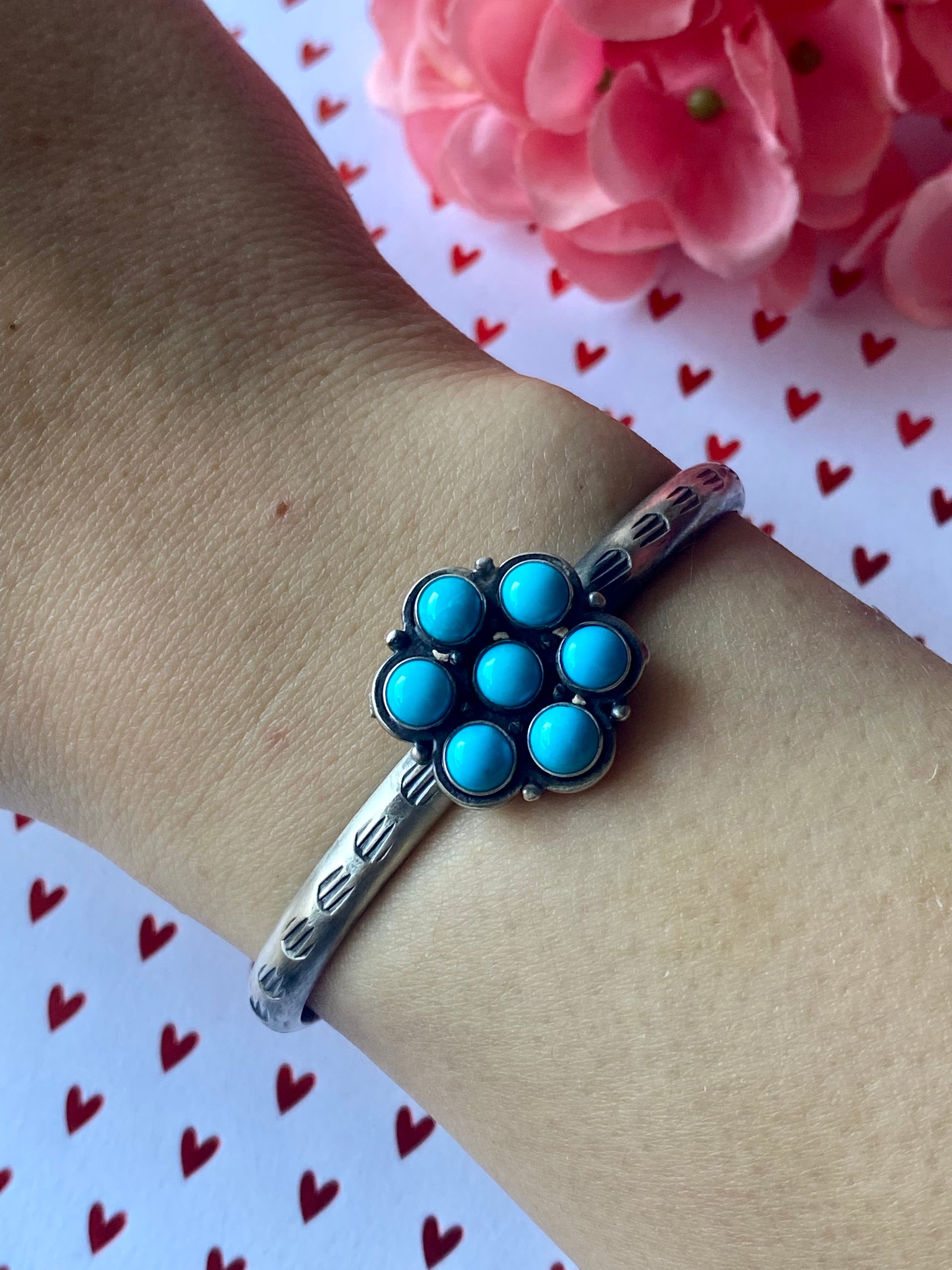 Navajo Made Turquoise & Sterling Silver Cluster Cuff Bracelet