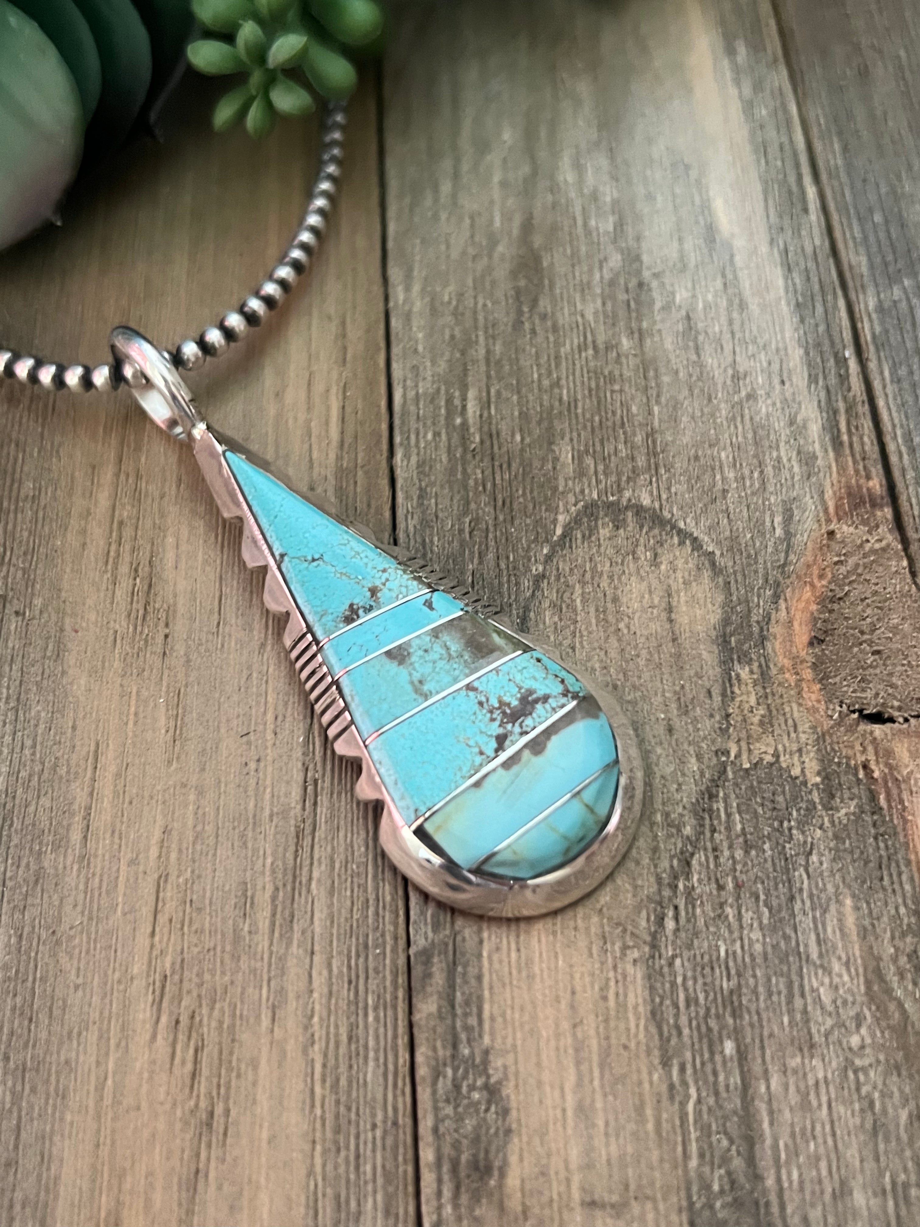 Navajo Made #8 Turquoise & Sterling Silver Inlay Pendant