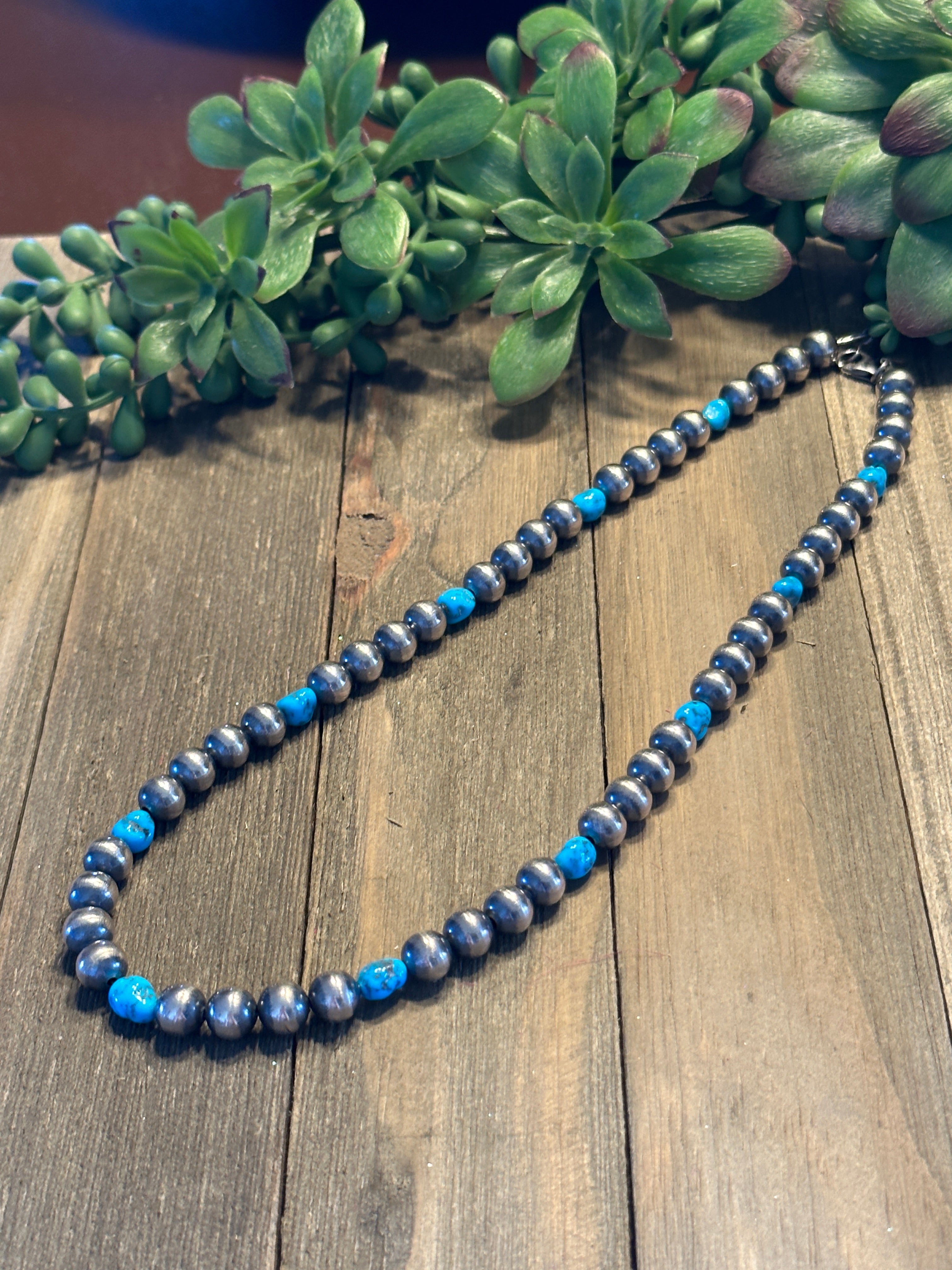 Navajo Strung 8 MM Navajo Pearls & Kingman Turquoise Necklace