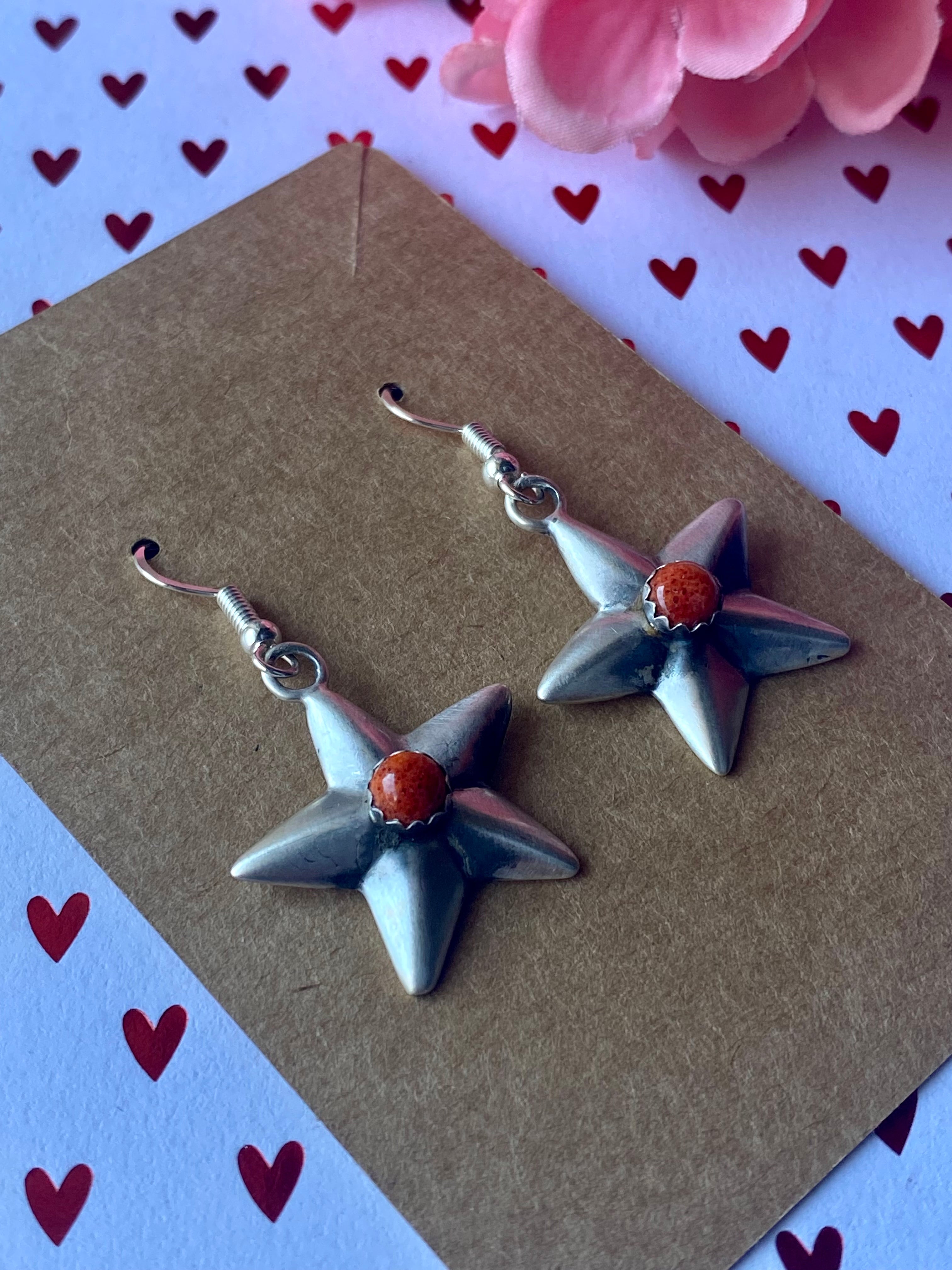 Navajo Made Spiny Oyster & Sterling Silver Star Dangle Earrings