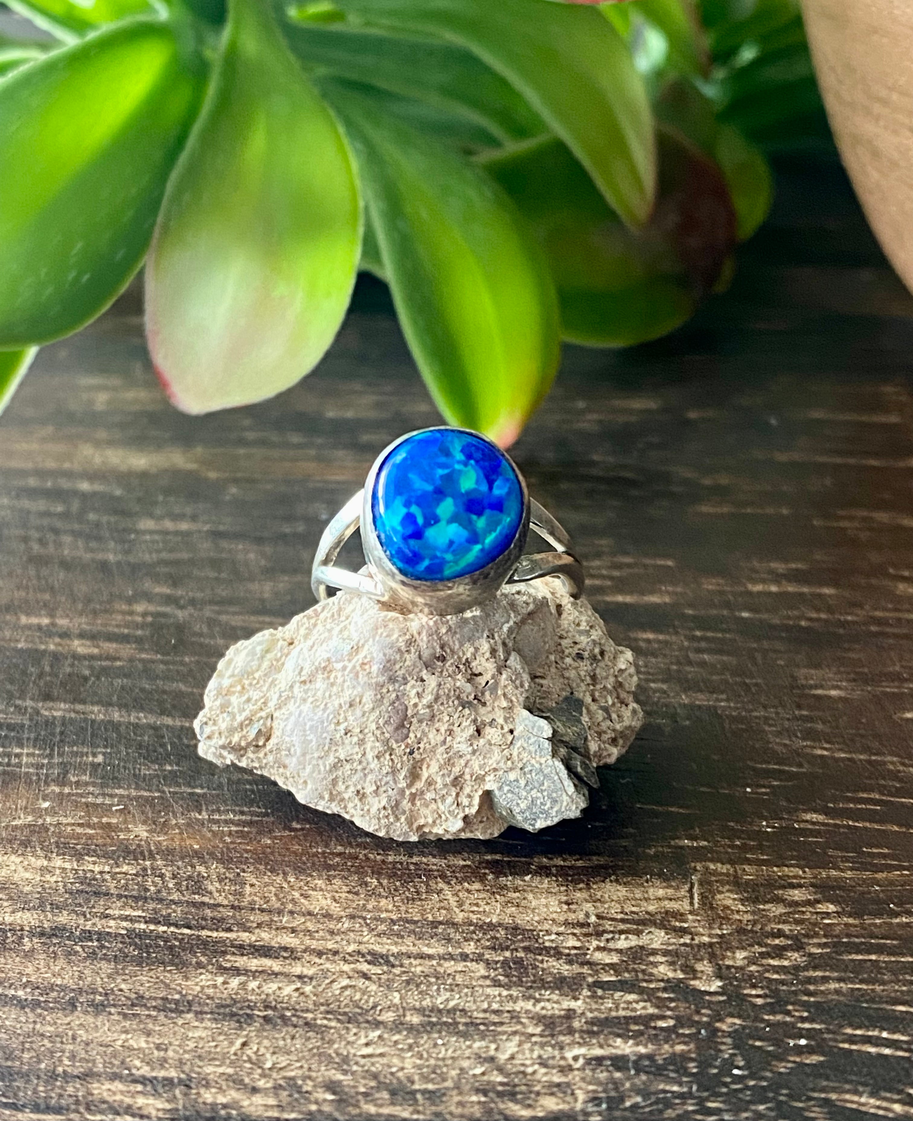 Navajo Made Blue Opal & Sterling Silver Ring Size 7.25