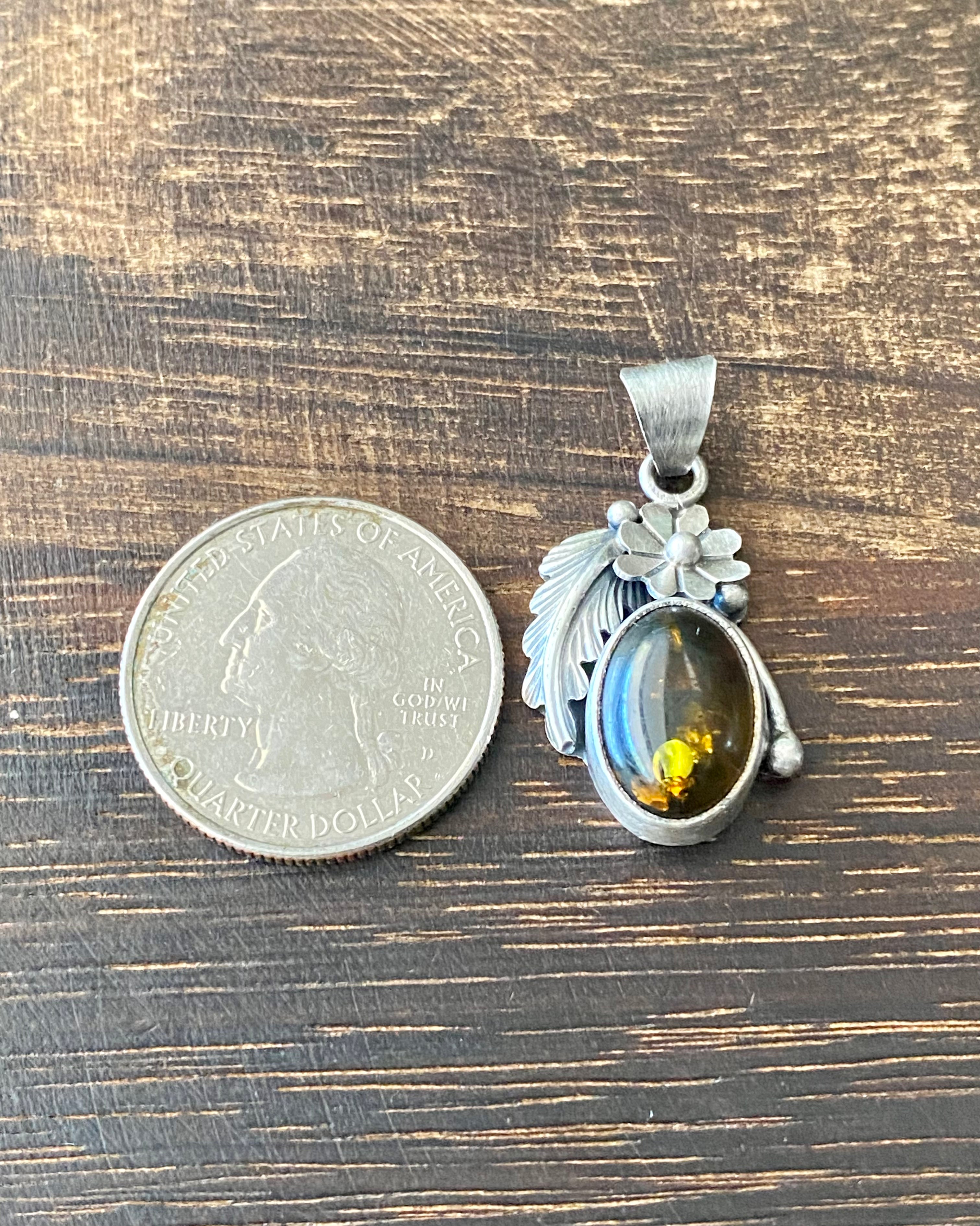 Navajo Made Amber & Sterling Silver Pendant