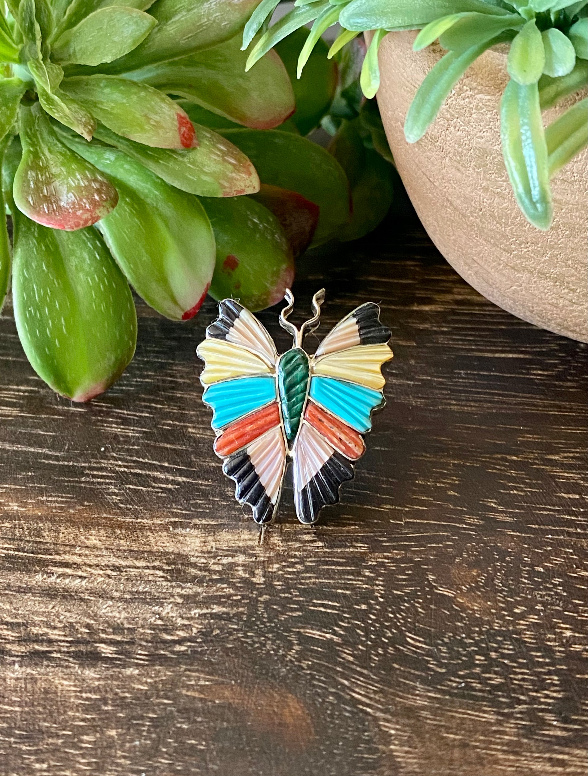 Tamara Pinto Multi Stone & Sterling Silver Inlay Butterfly Ring Size 5