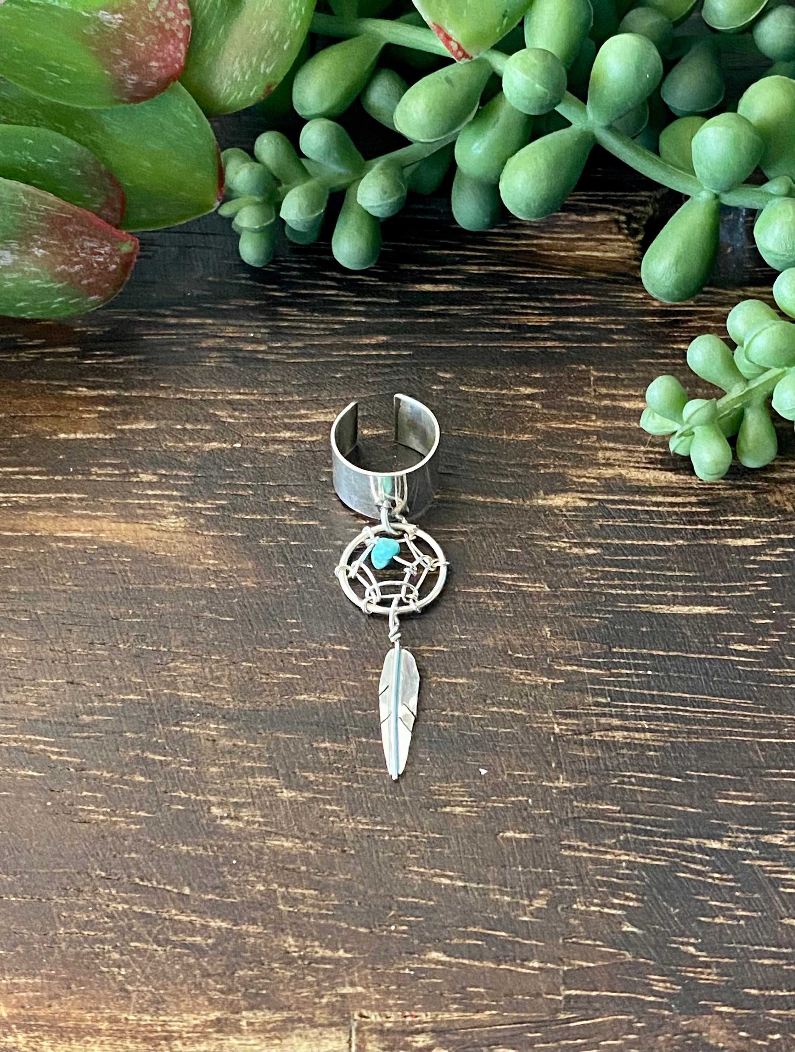 Navajo Made Turquoise & Sterling Silver Dreamcatcher Ear Cuff Earrings