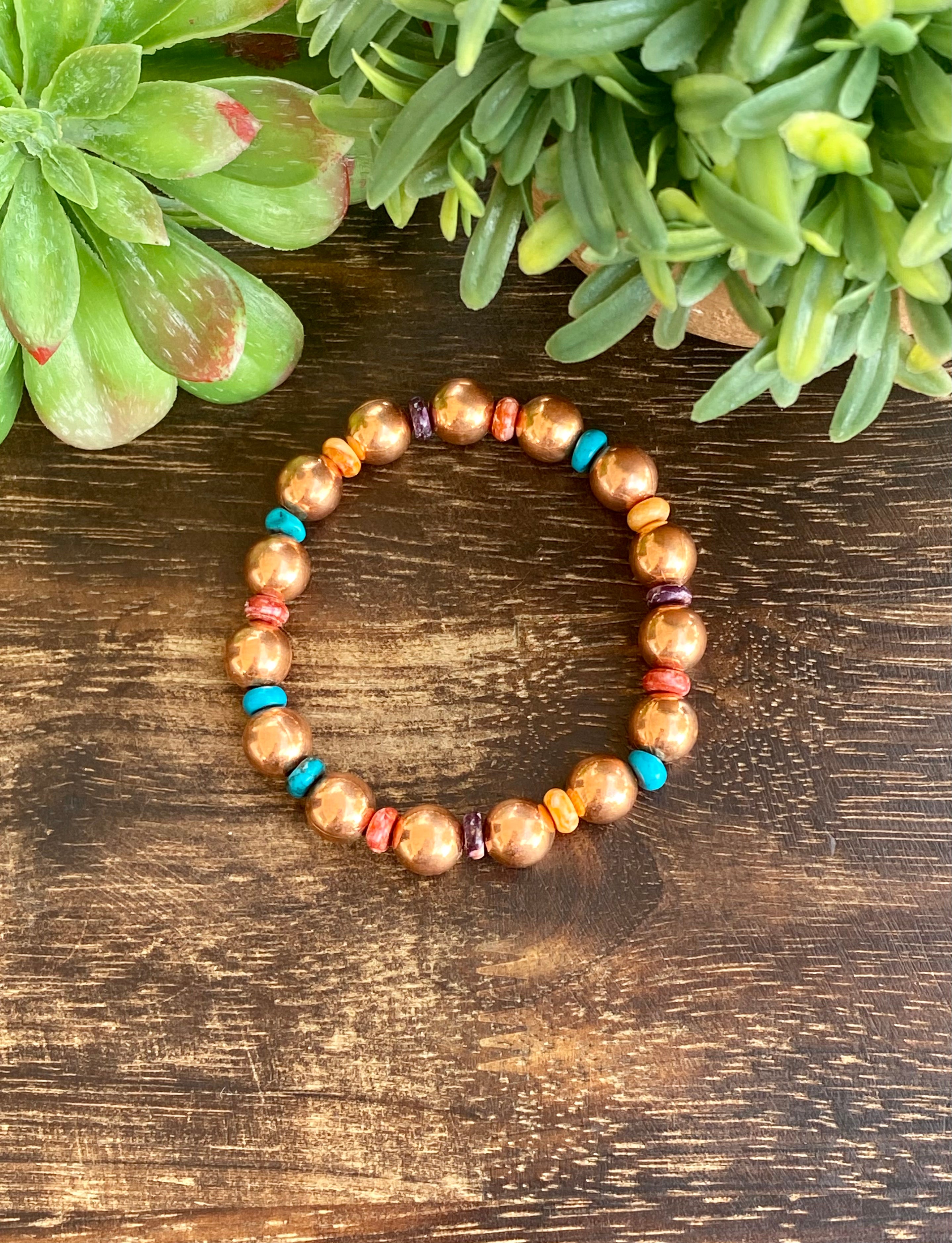 Navajo Strung Multi Stone & Copper Beaded Adjustable Bracelet