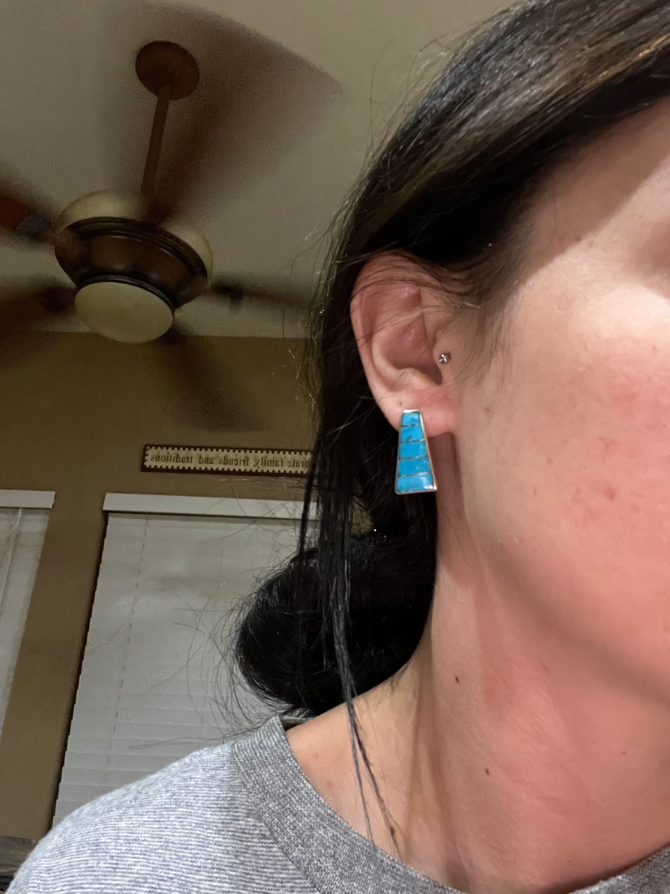 Zuni Made Kingman Turquoise & Sterling Silver Inlay Post Earrings