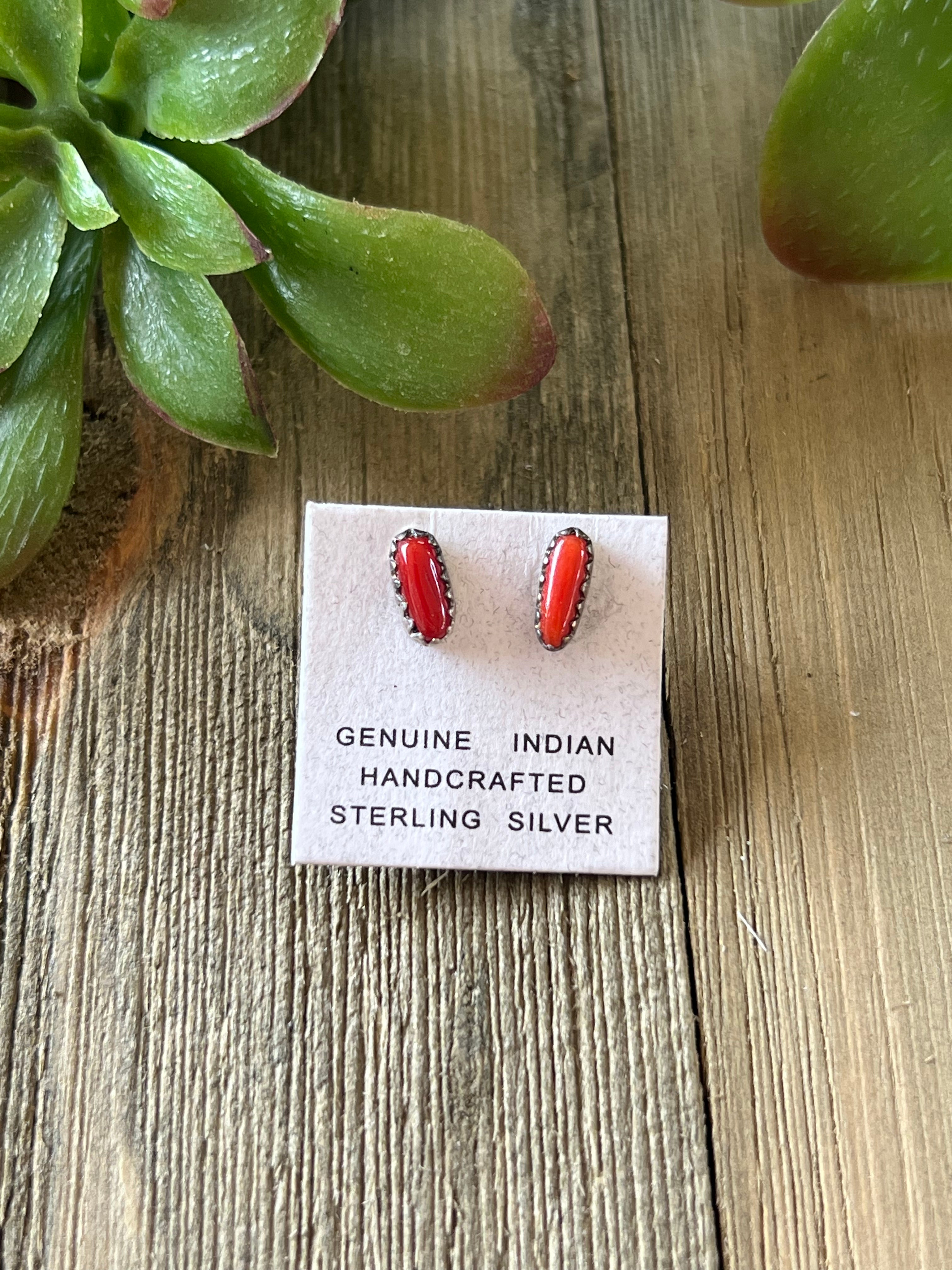 Navajo Made Mediterranean Coral & Sterling Silver Post Earrings